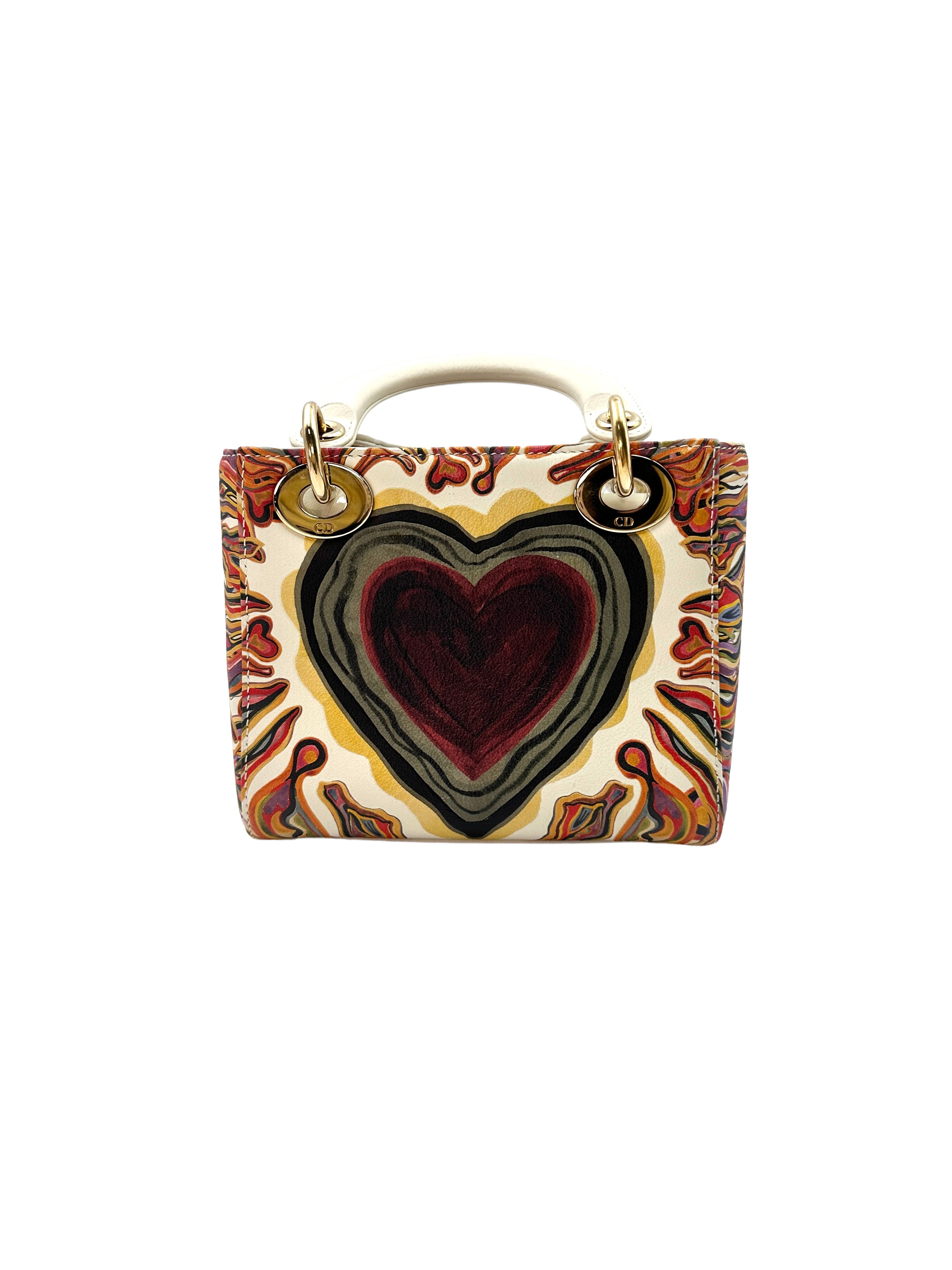 Christian Dior Lady Dior Amour Embroidered Heart Print Handle Bag With Gold Charms DR480