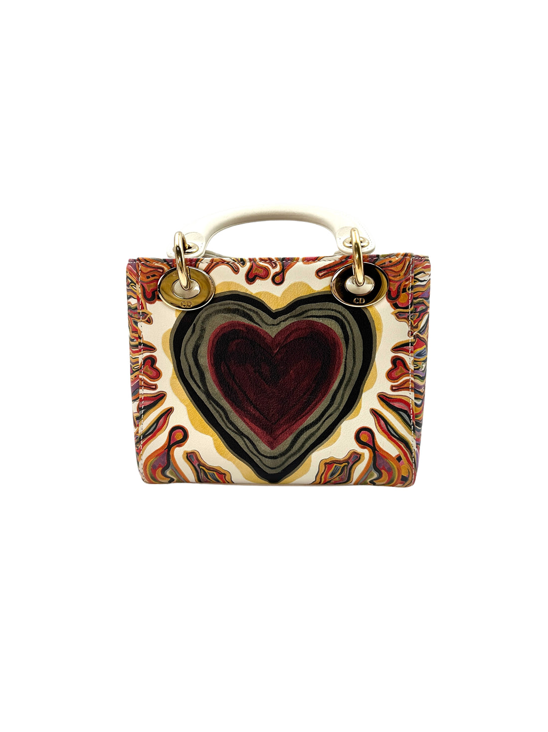 Christian Dior Lady Dior Amour Embroidered Heart Print Handle Bag With Gold Charms DR480