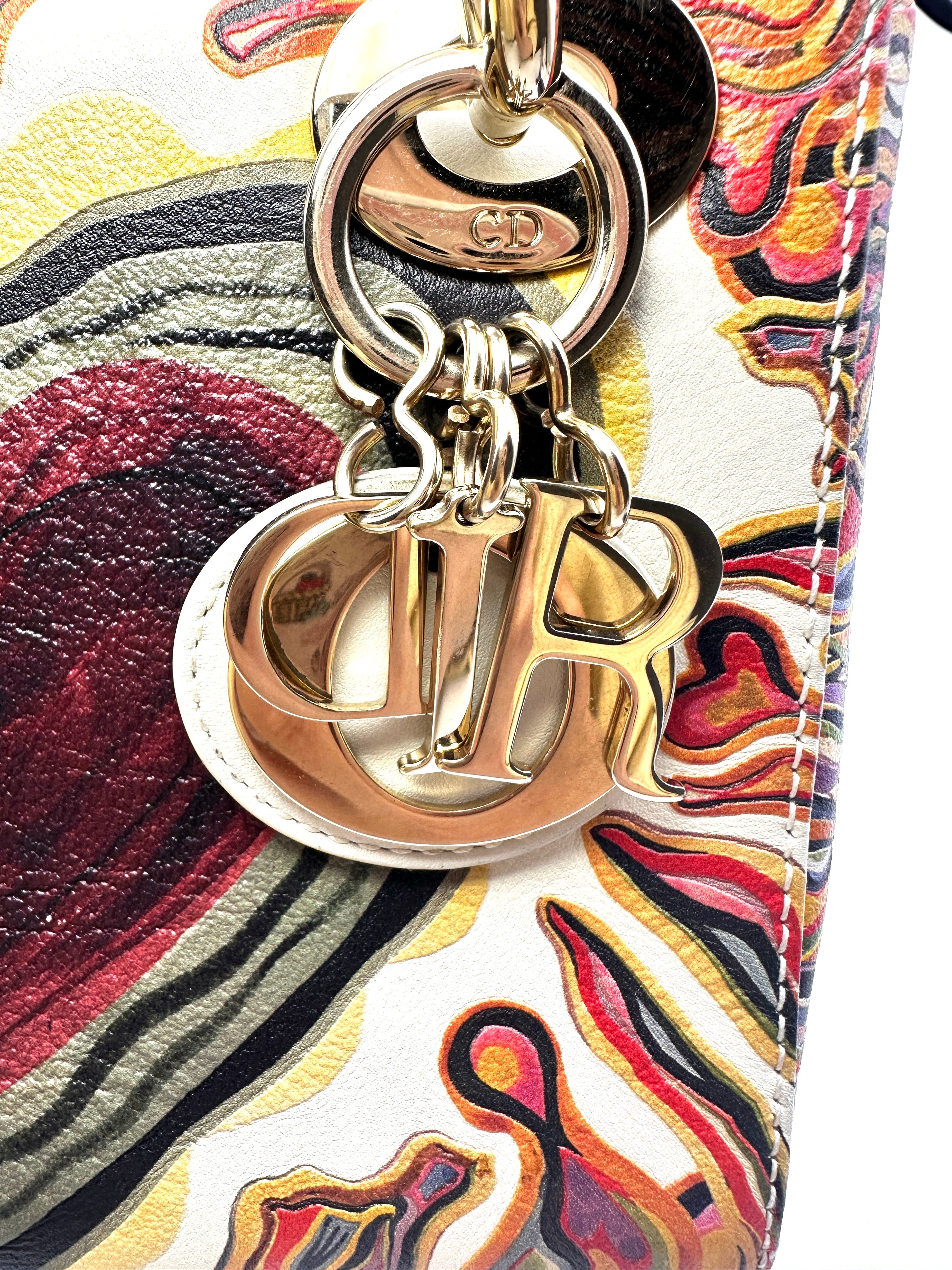 Christian Dior Lady Dior Amour Embroidered Heart Print Handle Bag With Gold Charms DR480