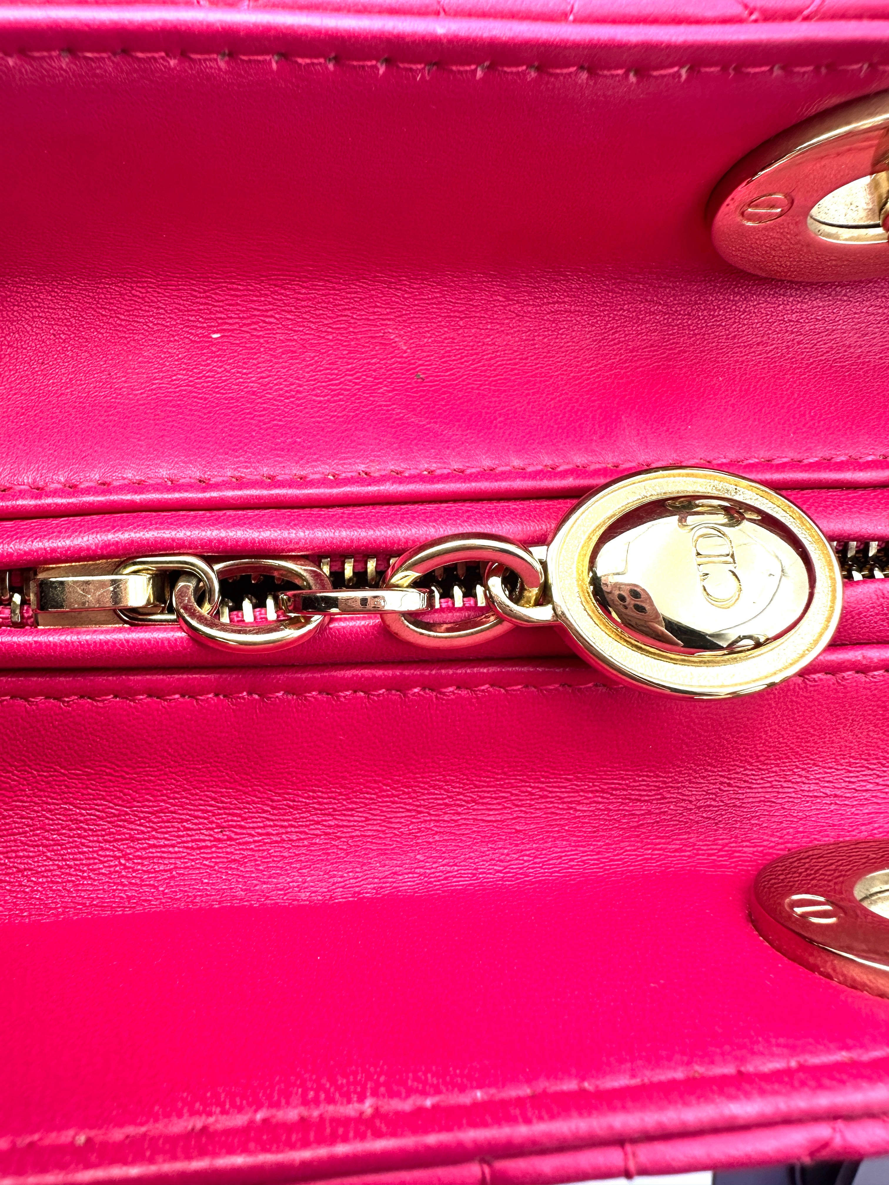 Christian Dior Lady Dior Pink Cannage Lambskin Handle Bag With Gold Charms DR481