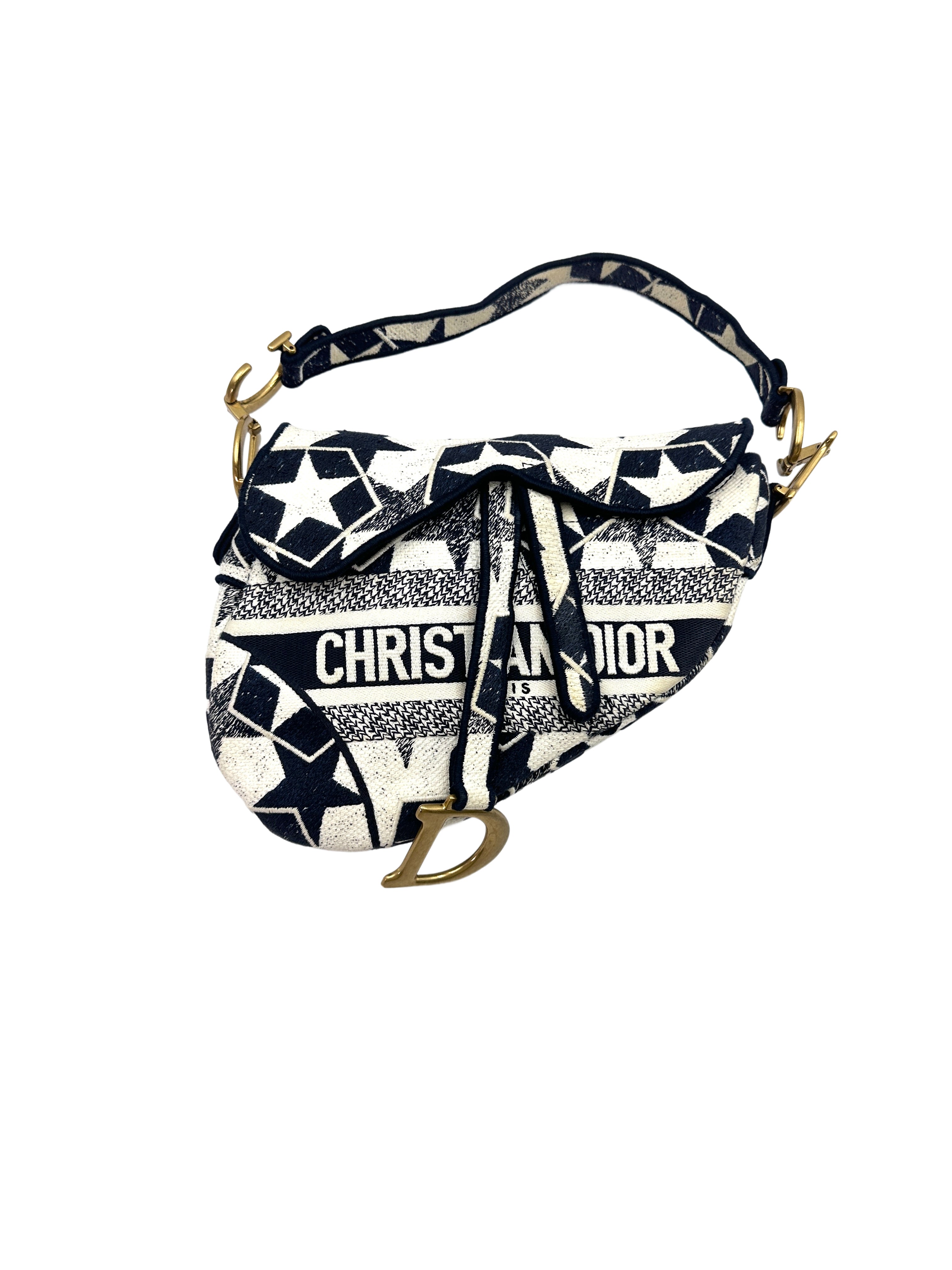 Christian Dior Navy/White Stars Embroidered Canvas Medium Size Saddle Bag DR478