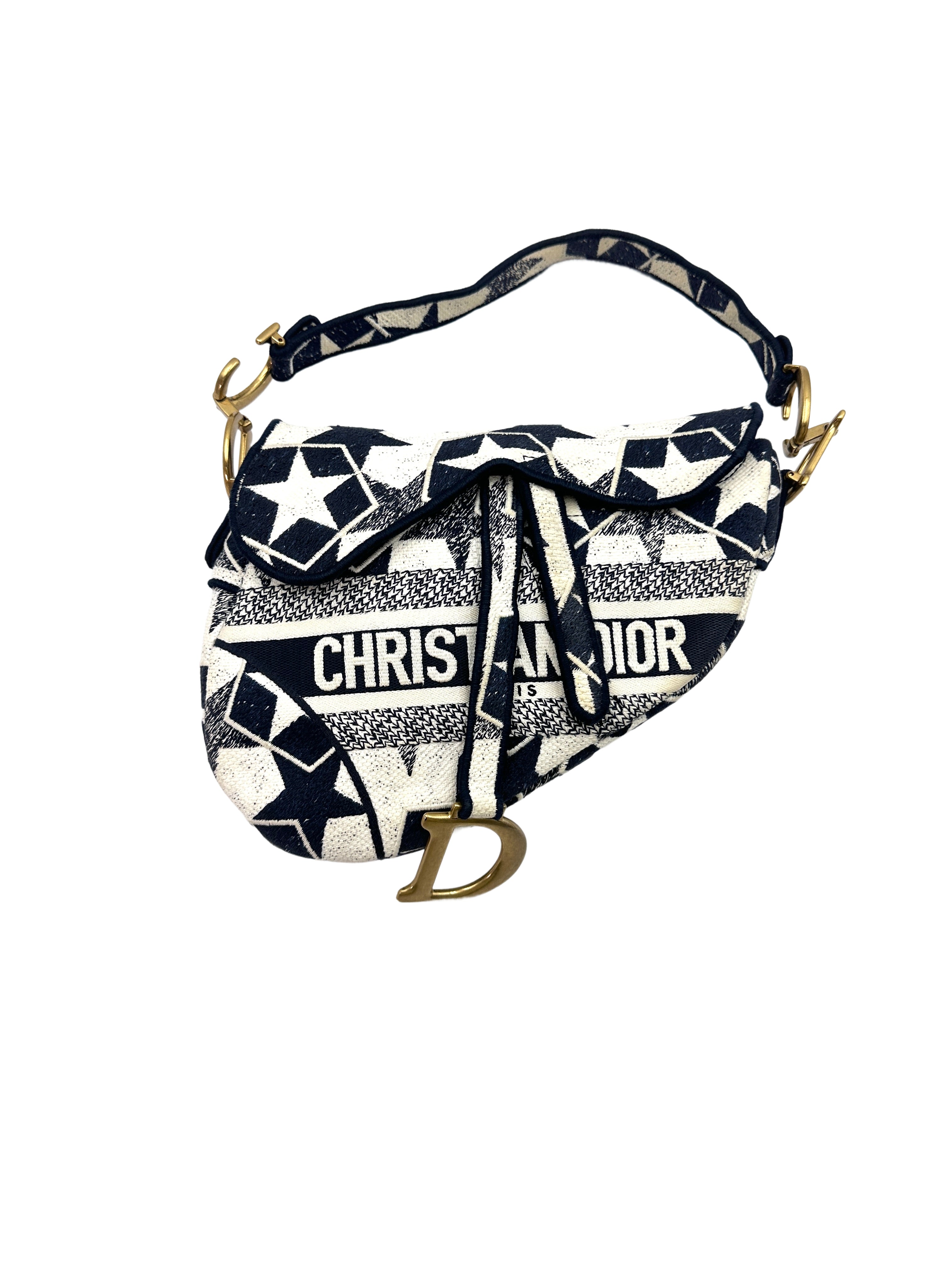 Christian Dior Navy/White Stars Embroidered Canvas Medium Size Saddle Bag DR478