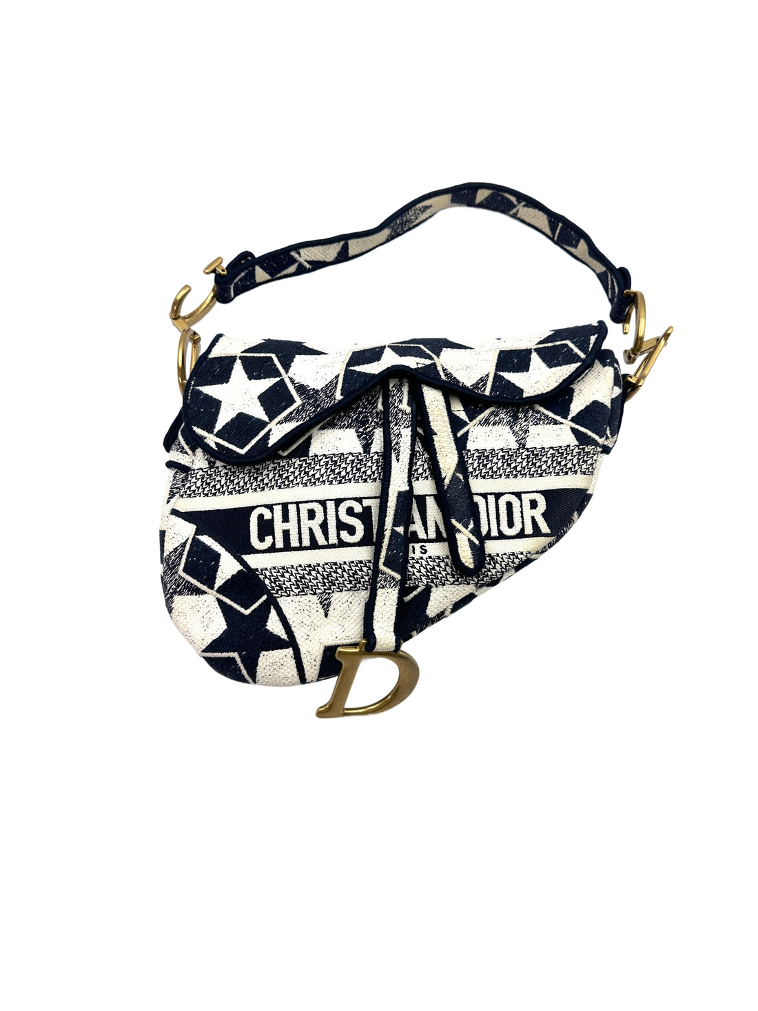 Christian Dior Navy/White Stars Embroidered Canvas Medium Size Saddle Bag DR478