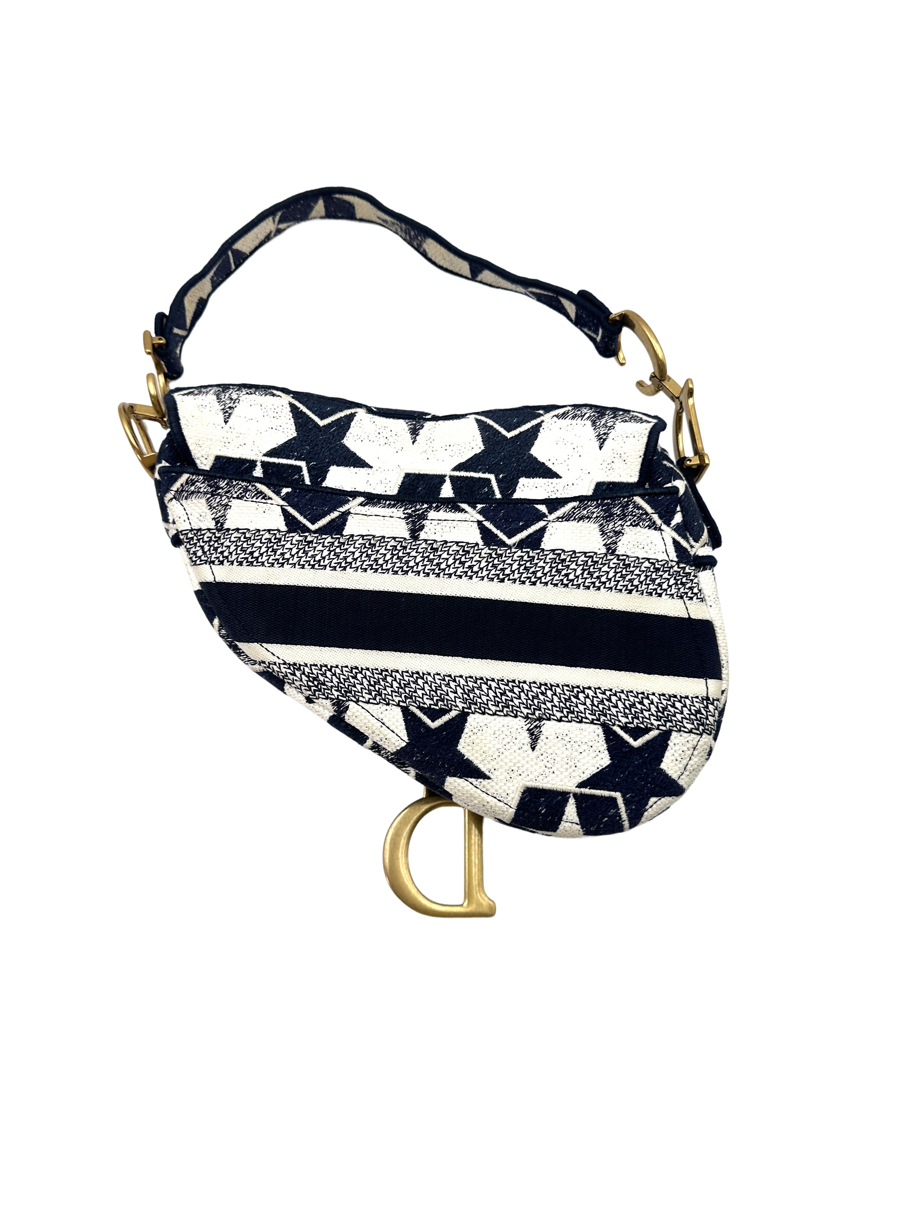 Christian Dior Navy/White Stars Embroidered Canvas Medium Size Saddle Bag DR478