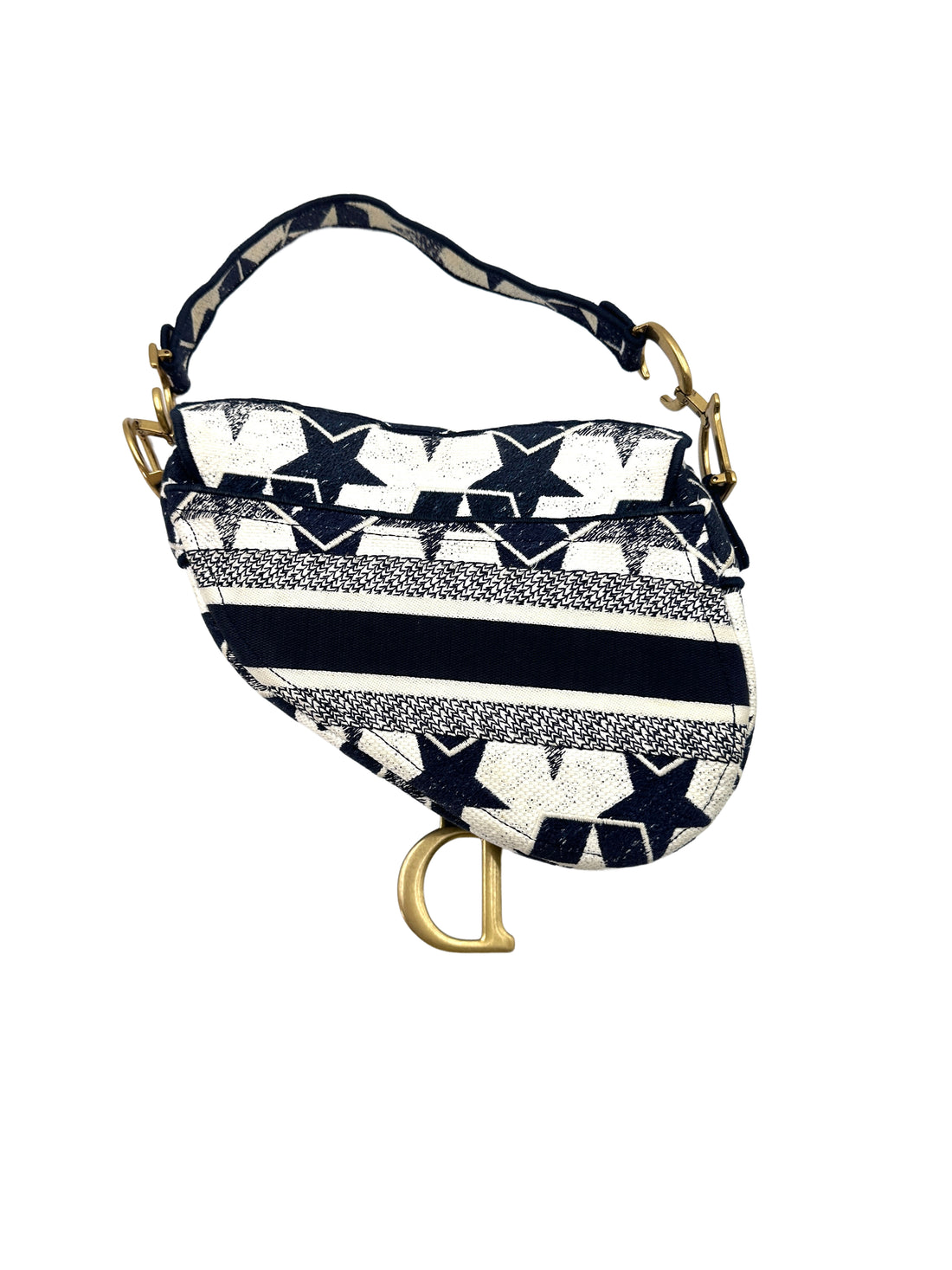 Christian Dior Navy/White Stars Embroidered Canvas Medium Size Saddle Bag DR478