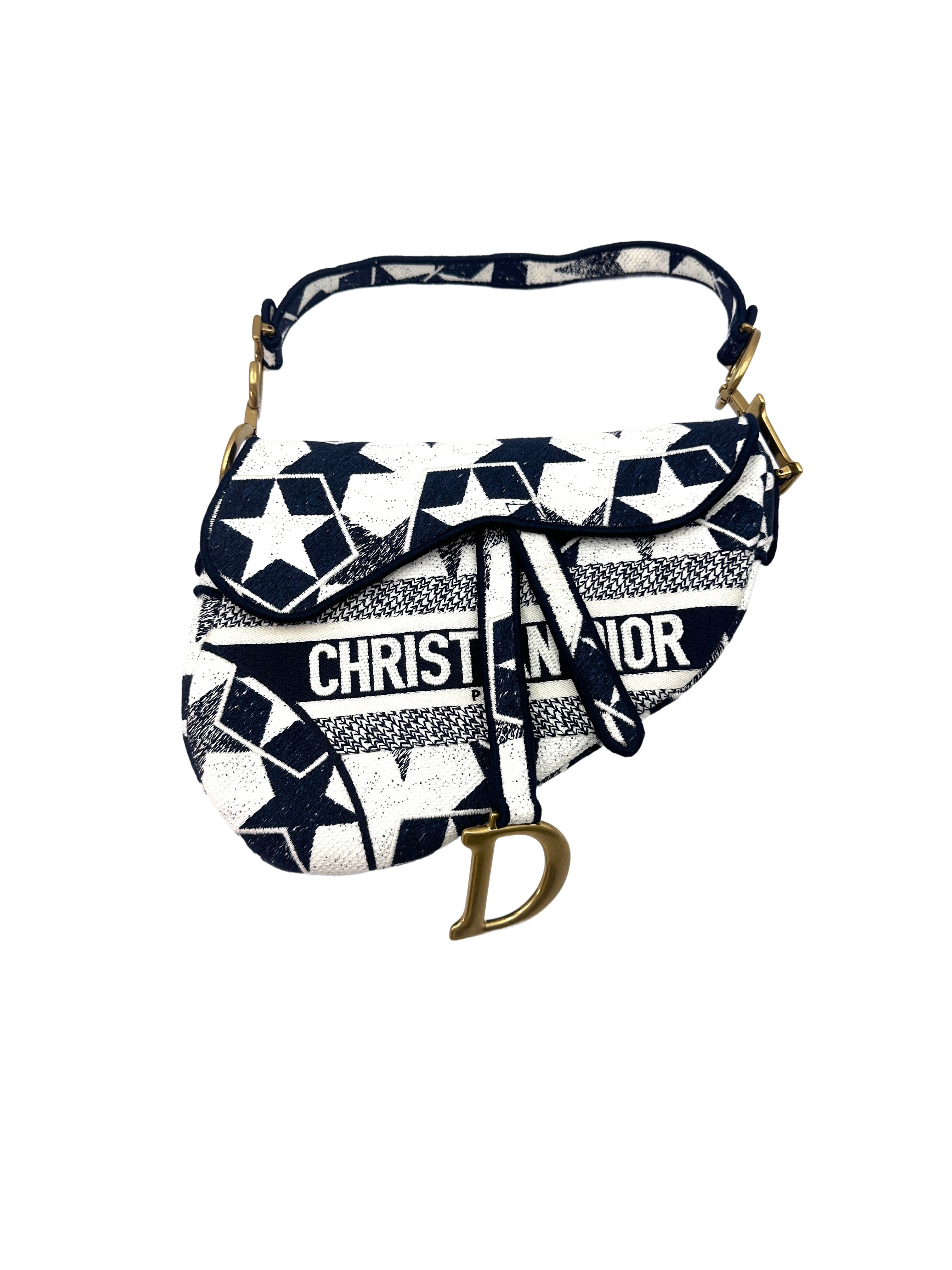 Christian Dior 2021 Navy/White Stars Embroidered Canvas Saddle Bag DR484