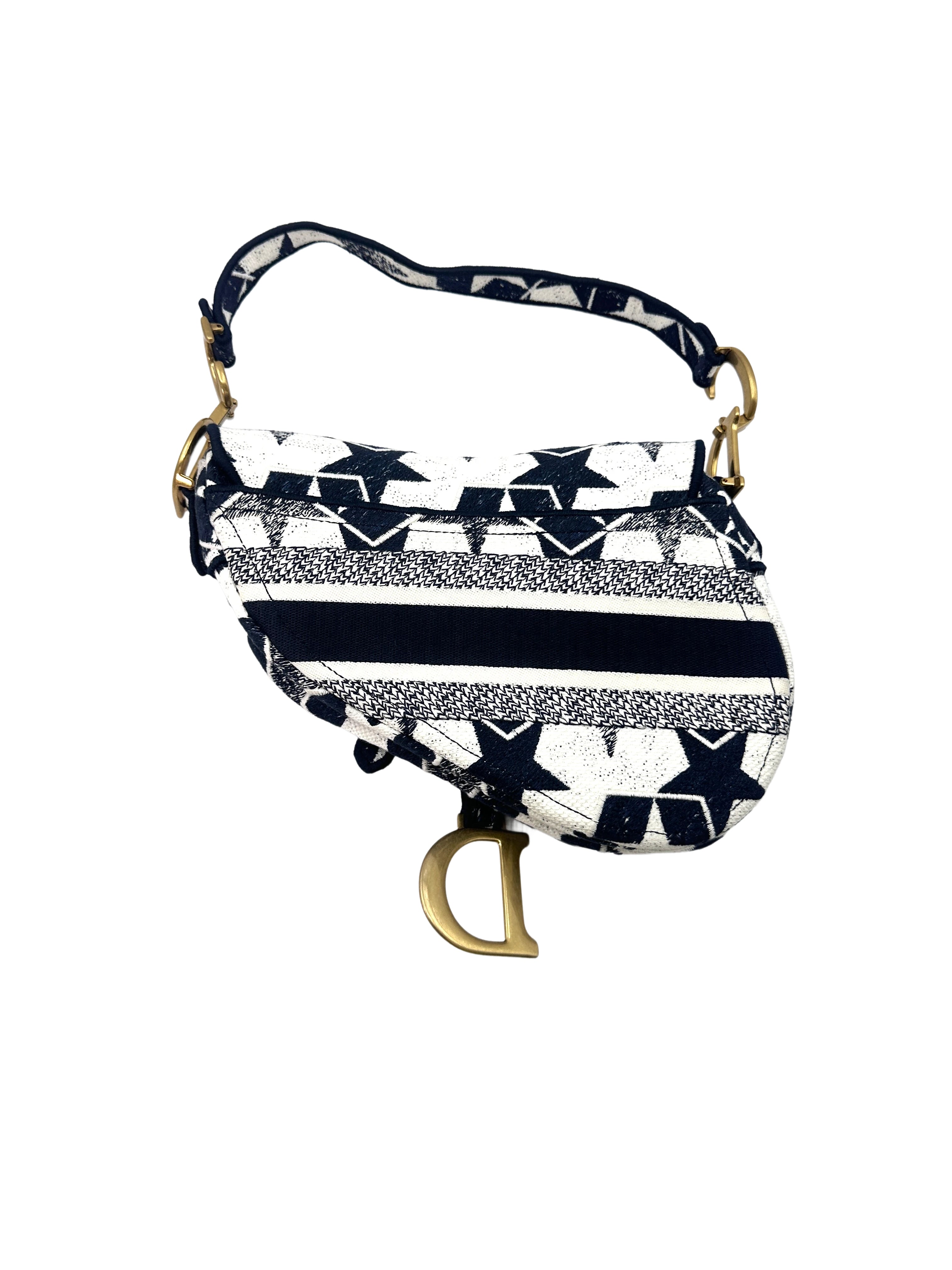 Christian Dior 2021 Navy/White Stars Embroidered Canvas Saddle Bag DR484