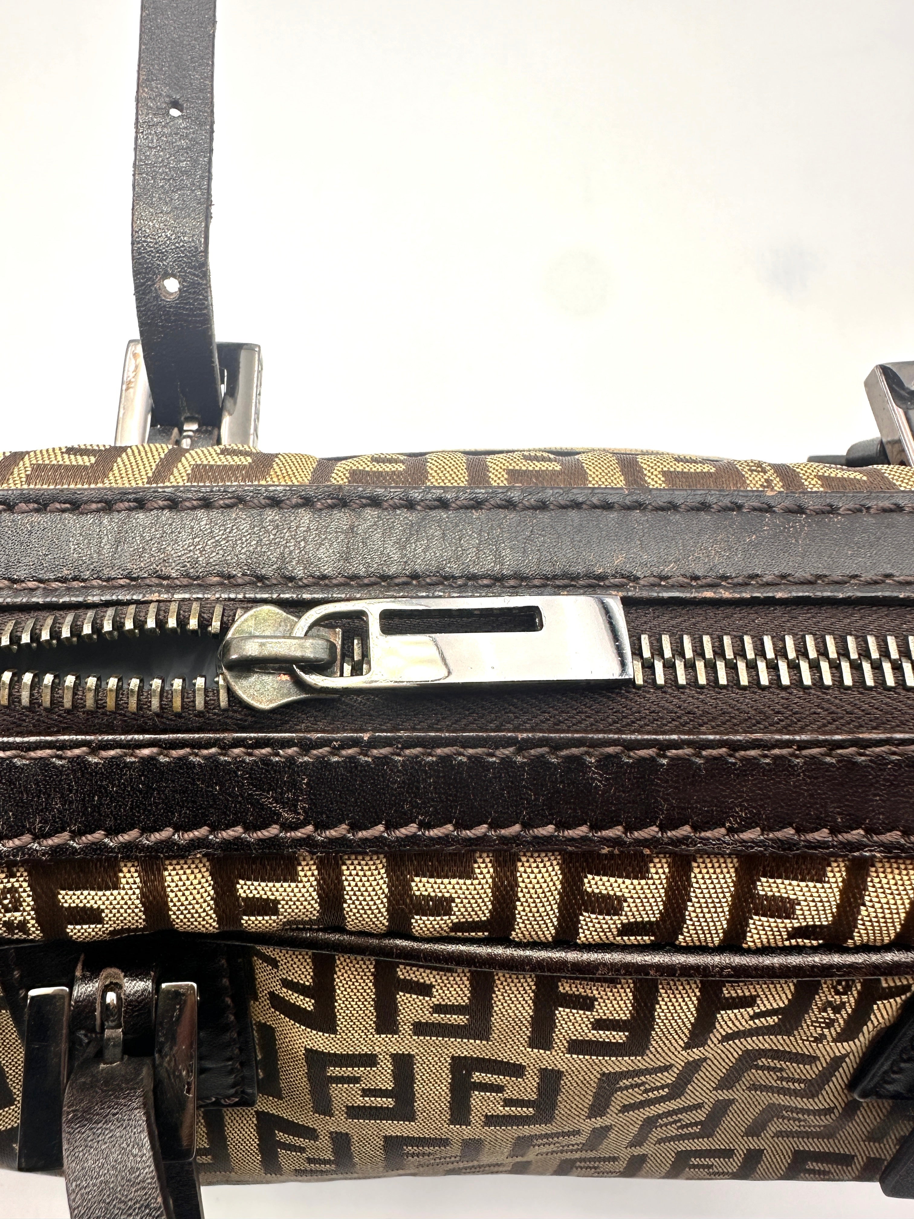 Fendi Zucchino Brwon FF Monogram Handle Bag With Karlito Charm FF83