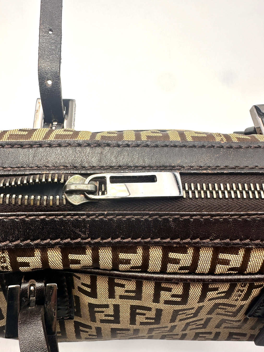 Fendi Zucchino Brwon FF Monogram Handle Bag With Karlito Charm FF83