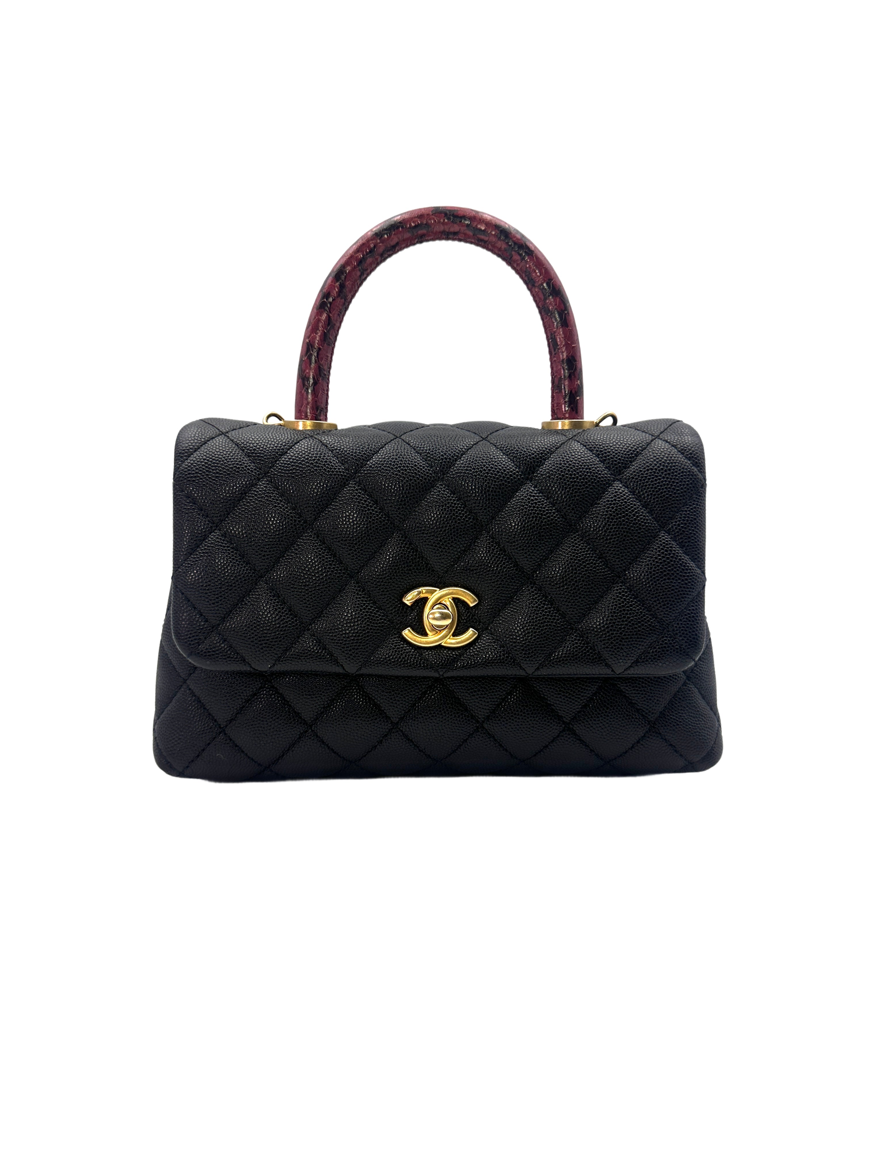 Chanel CoCo Black Quilted Calfskin Burgundy Lizard Handle Bag With Gold Buckle(26***81) CC1397
