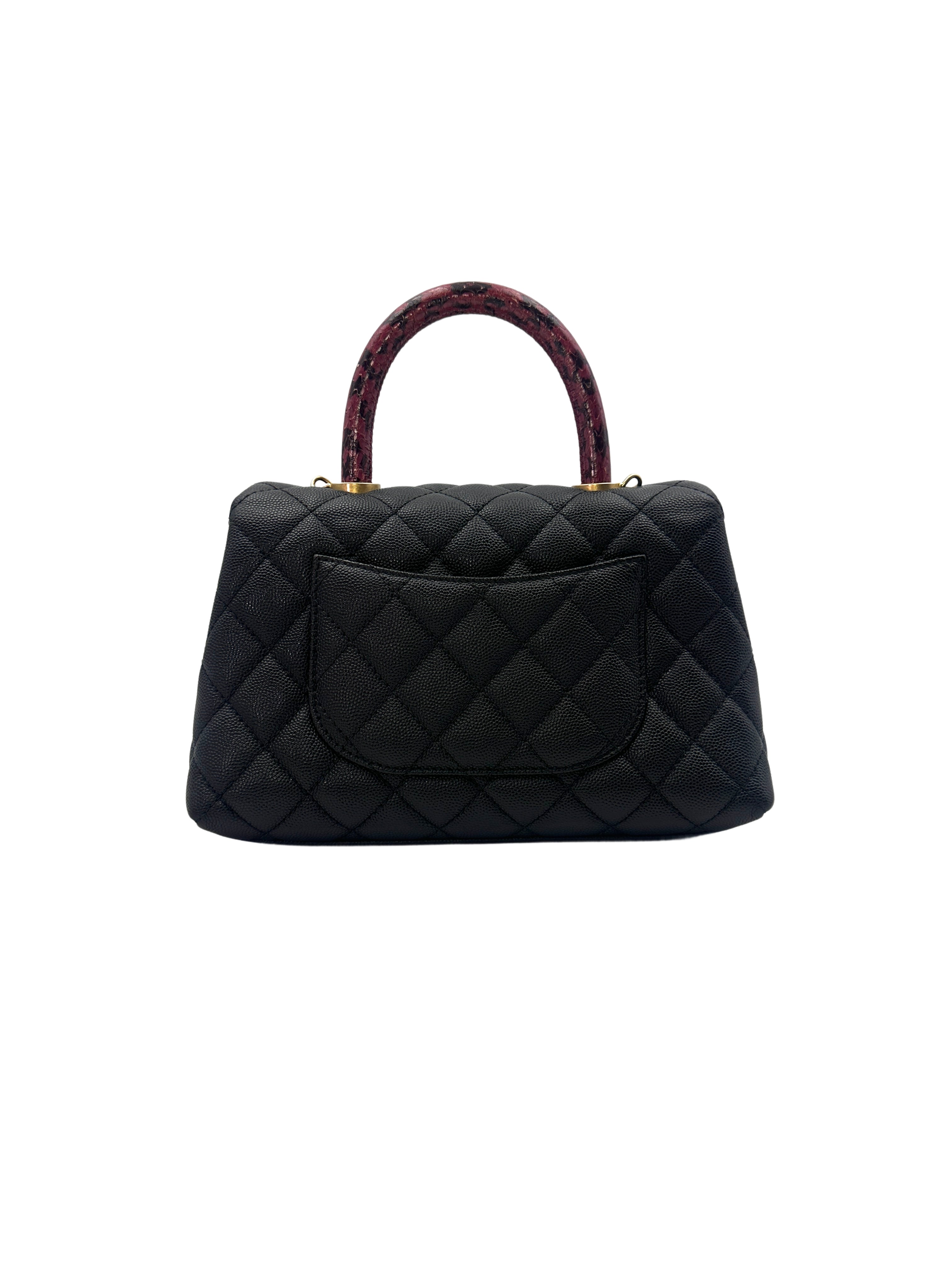 Chanel CoCo Black Quilted Calfskin Burgundy Lizard Handle Bag With Gold Buckle(26***81) CC1397