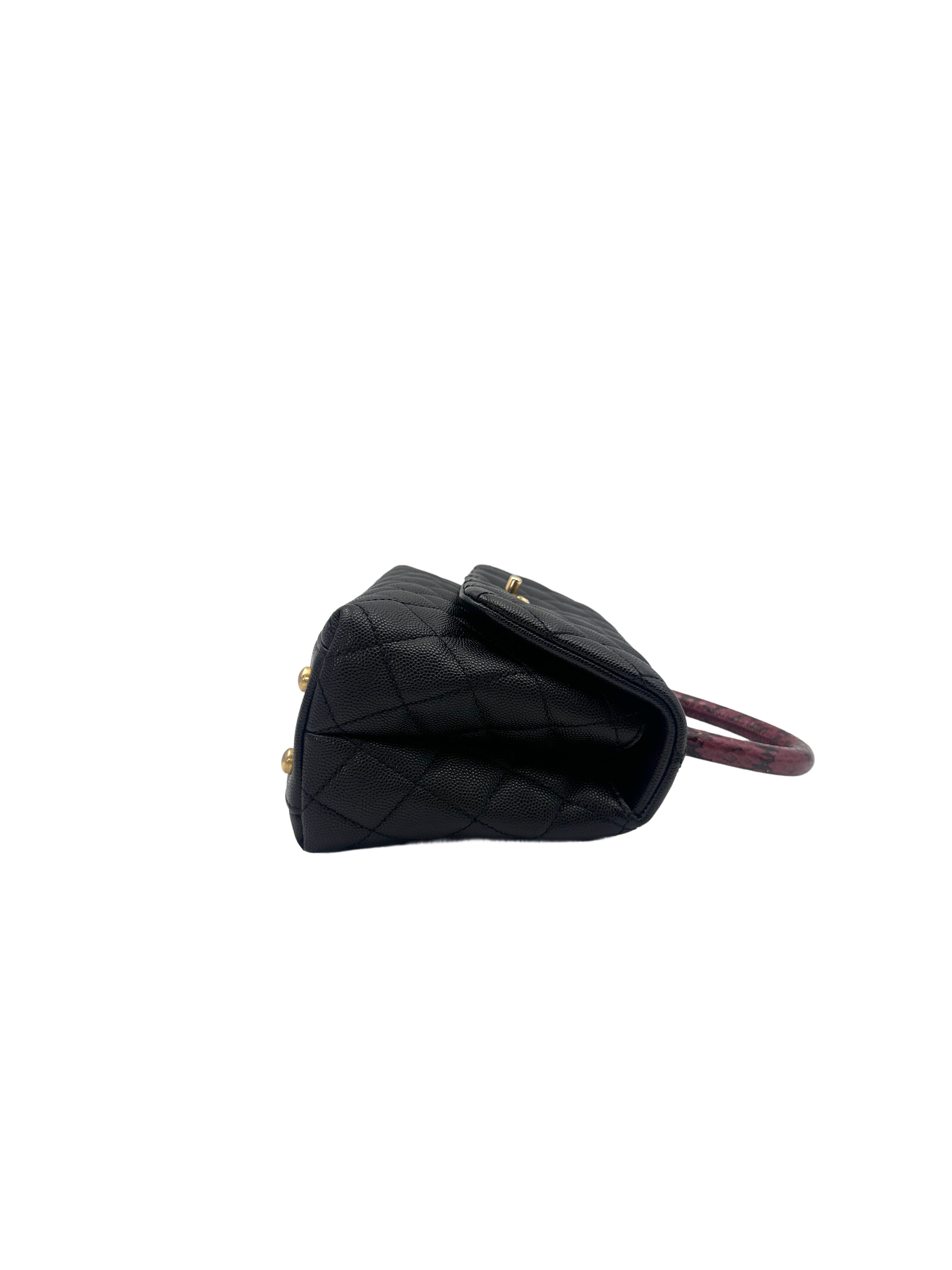 Chanel CoCo Black Quilted Calfskin Burgundy Lizard Handle Bag With Gold Buckle(26***81) CC1397