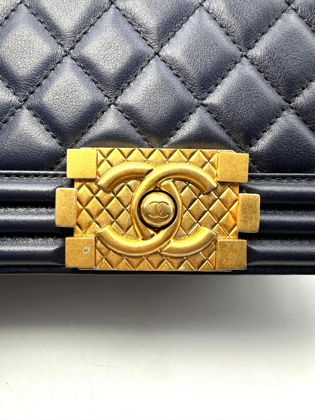 Chanel LeBoy Dark Blue Quilted Leather Small Size Flap Bag With Gold Buckle(30***28) CC1395