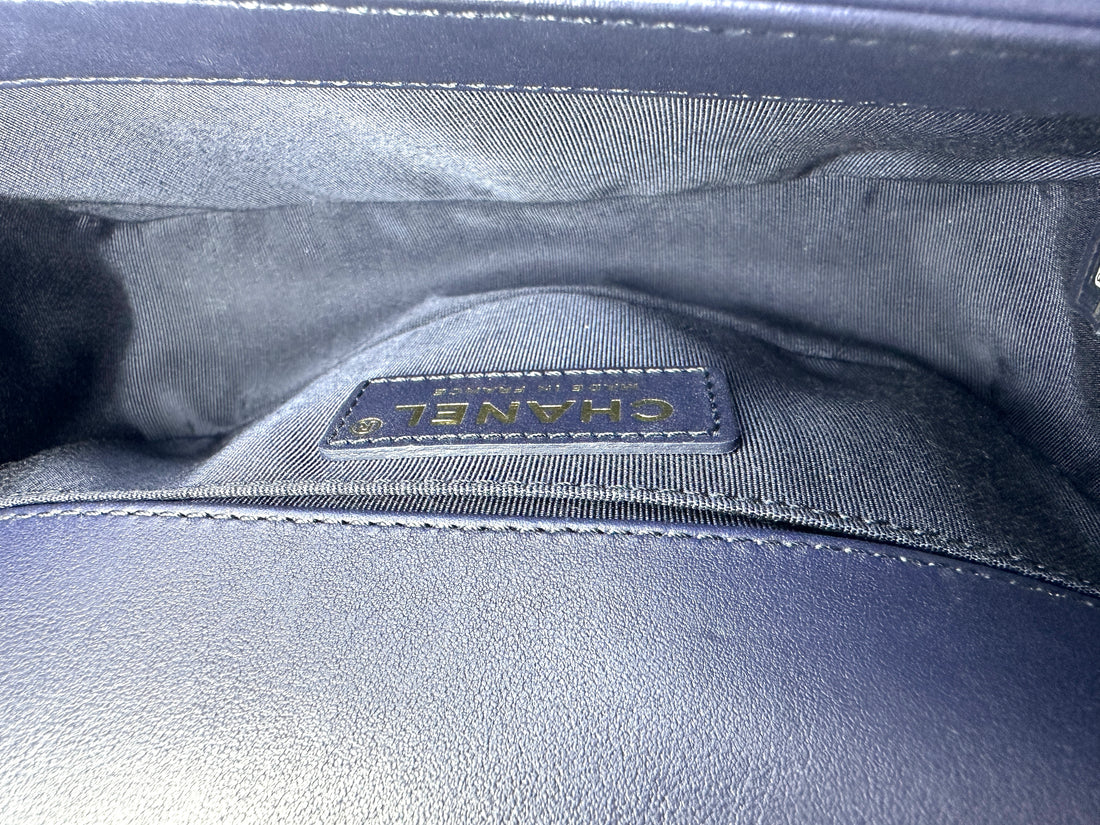 Chanel LeBoy Dark Blue Quilted Leather Small Size Flap Bag With Gold Buckle(30***28) CC1395