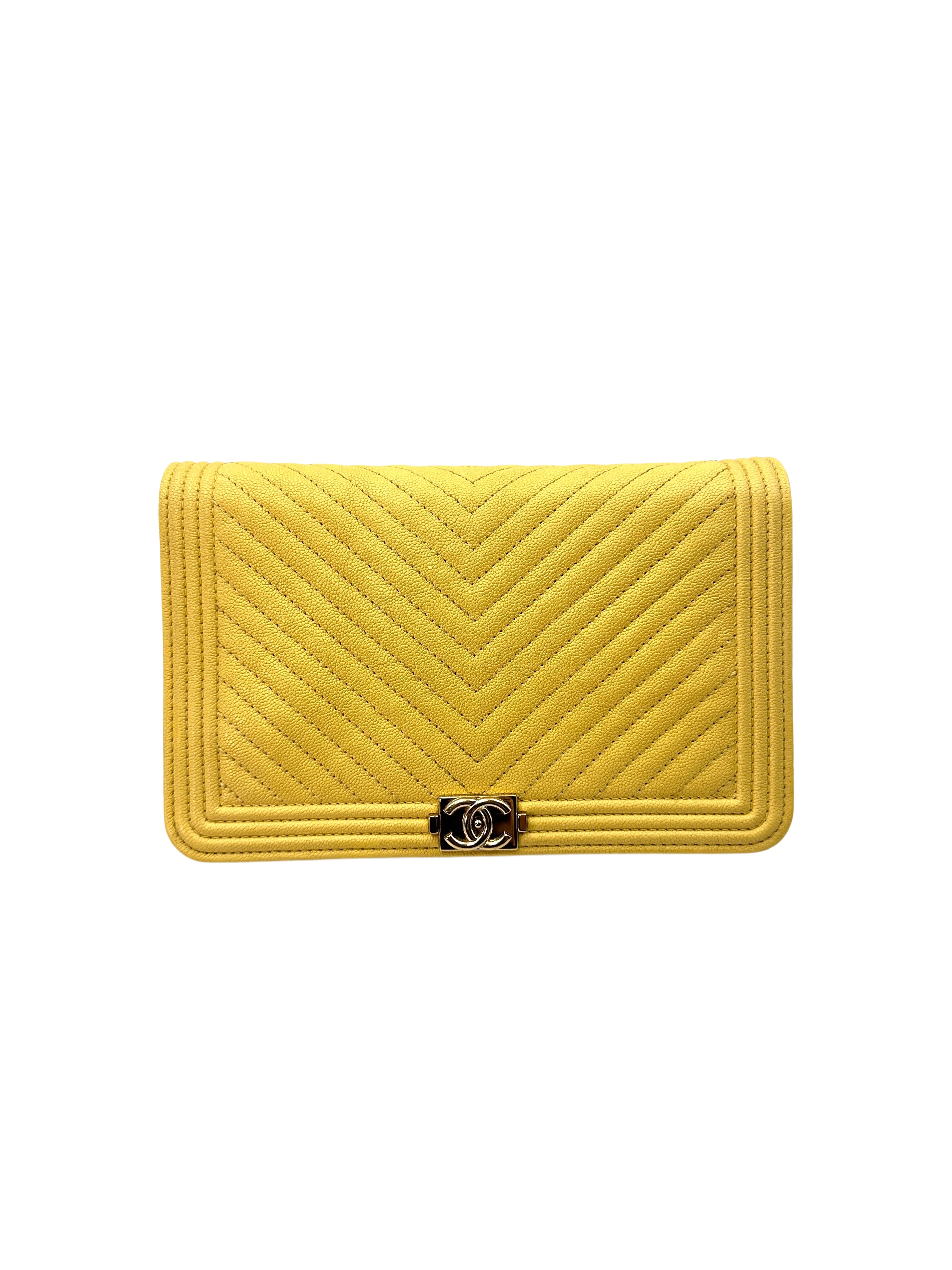 Chanel LeBoy Yellow Chevron Quilted Leather Wallet On Chain With Gold Buckle(27***62) CC1400