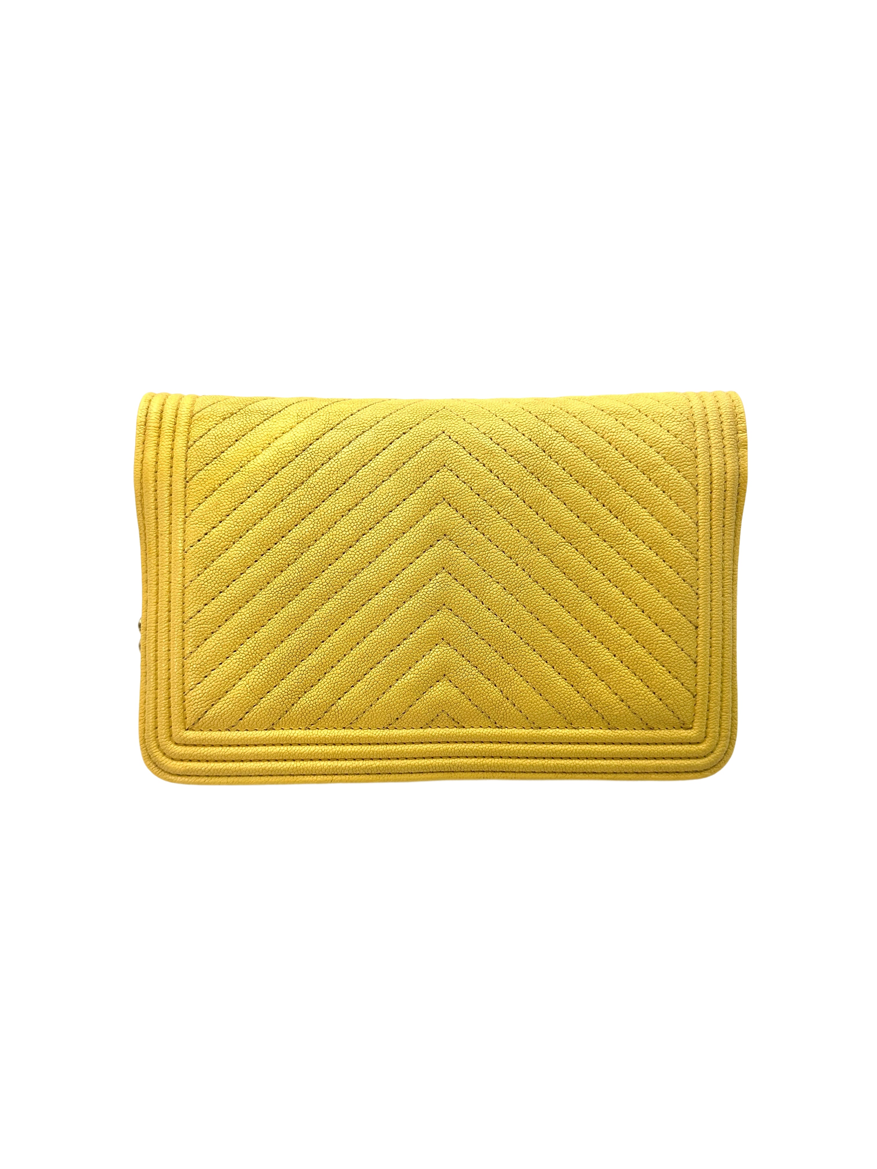 Chanel LeBoy Yellow Chevron Quilted Leather Wallet On Chain With Gold Buckle(27***62) CC1400