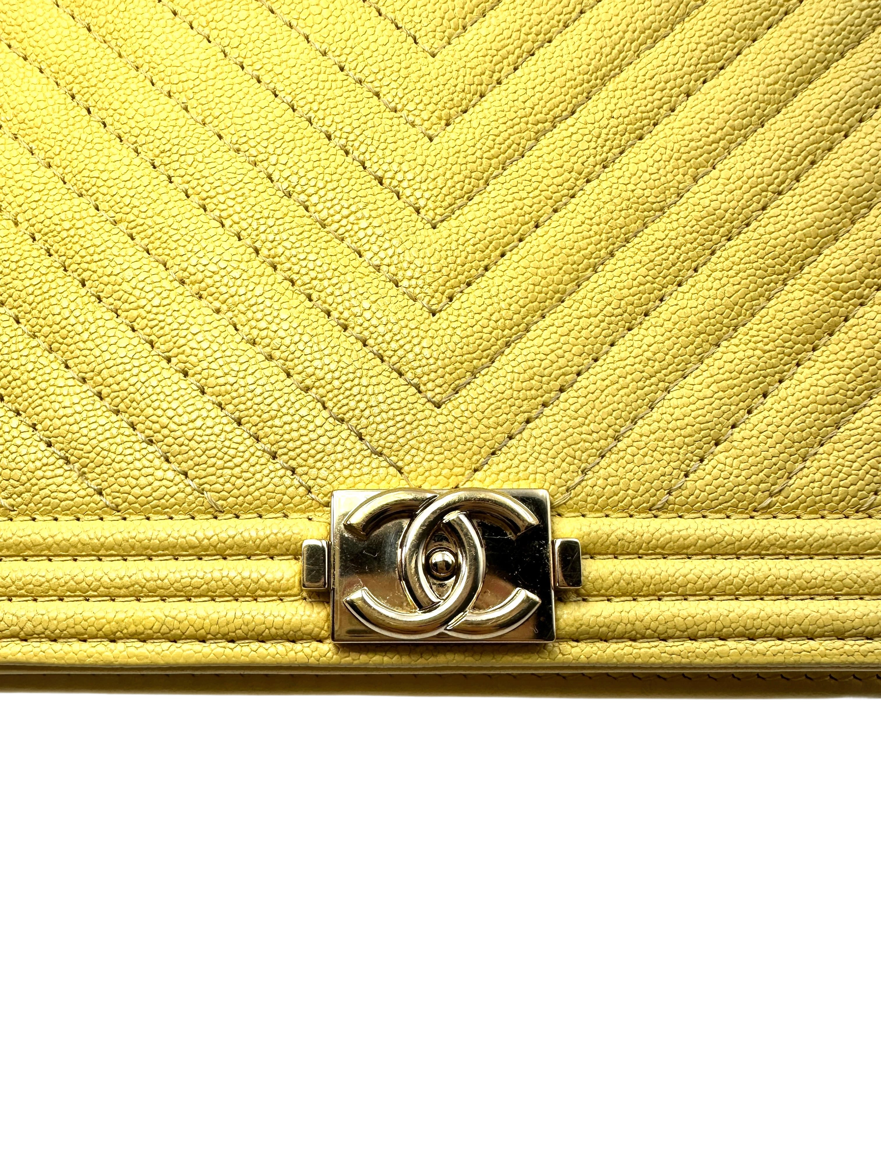 Chanel LeBoy Yellow Chevron Quilted Leather Wallet On Chain With Gold Buckle(27***62) CC1400