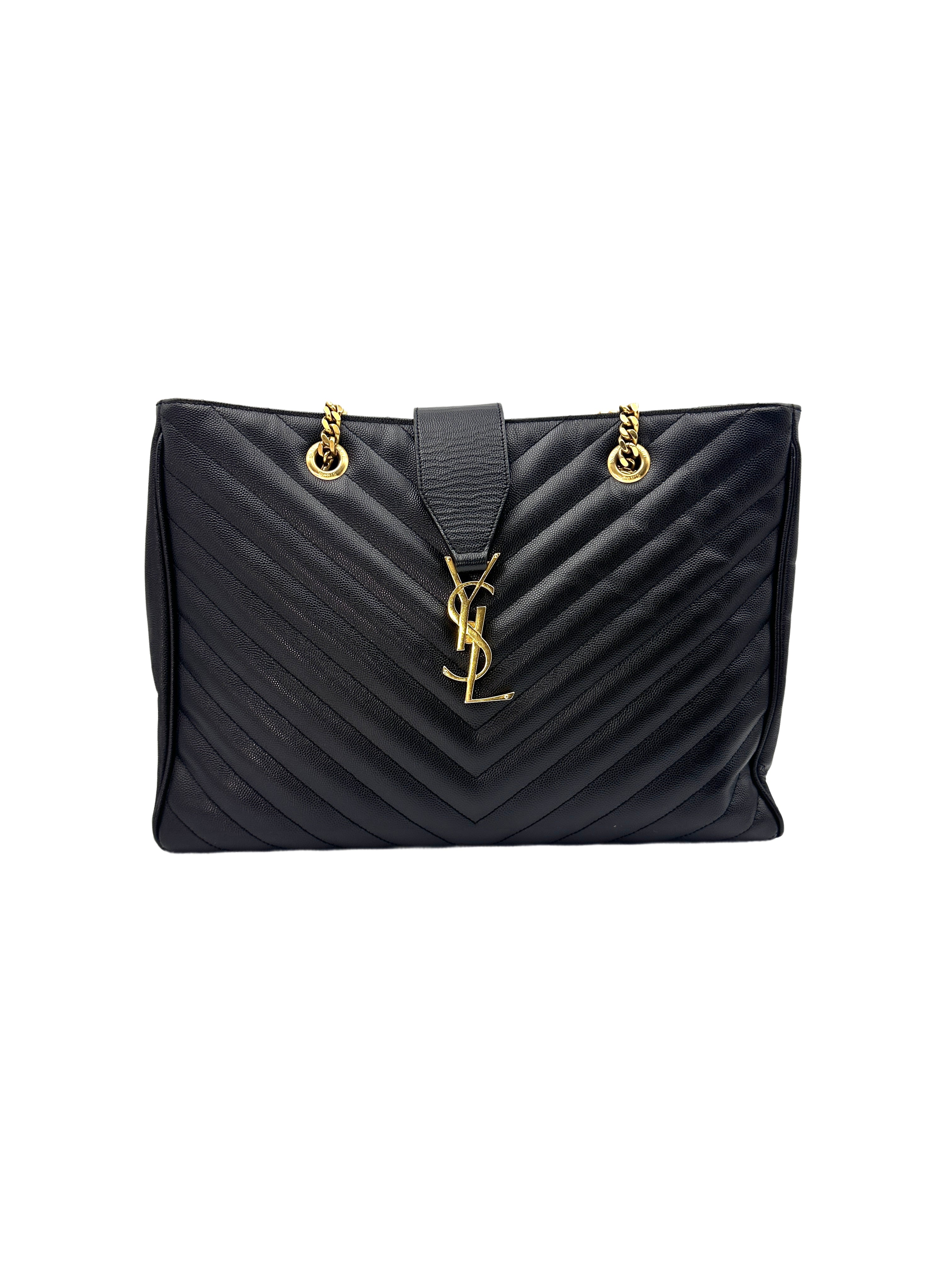 Saint Laurent Black Chevron Quilted Leather Tote Bag With Gold Hardware SL158