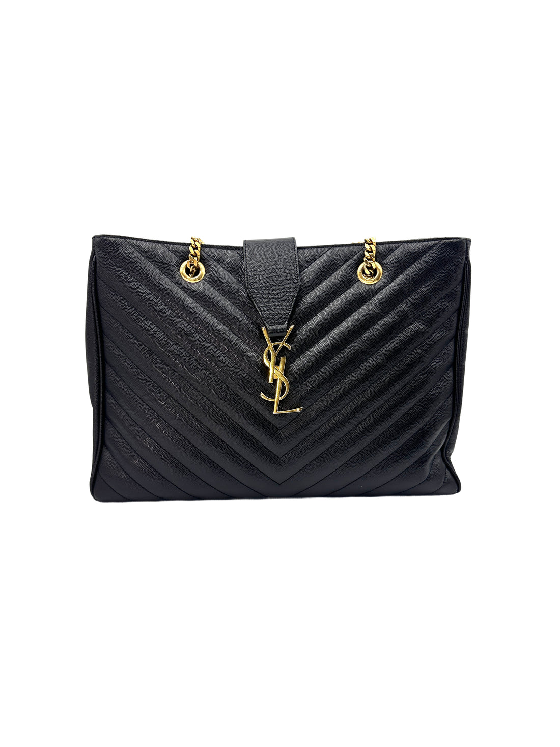 Saint Laurent Black Chevron Quilted Leather Tote Bag With Gold Hardware SL158