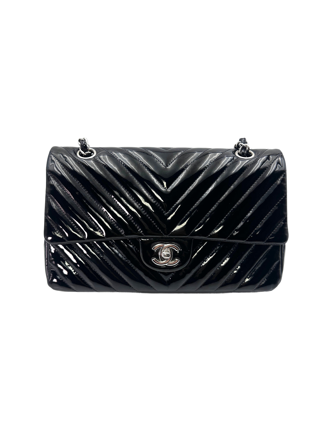 Chanel Classic Flap Black Chevron Quilted Patent Leather Chain Flap Bag With Siilver Buckle(21***41) CC1404