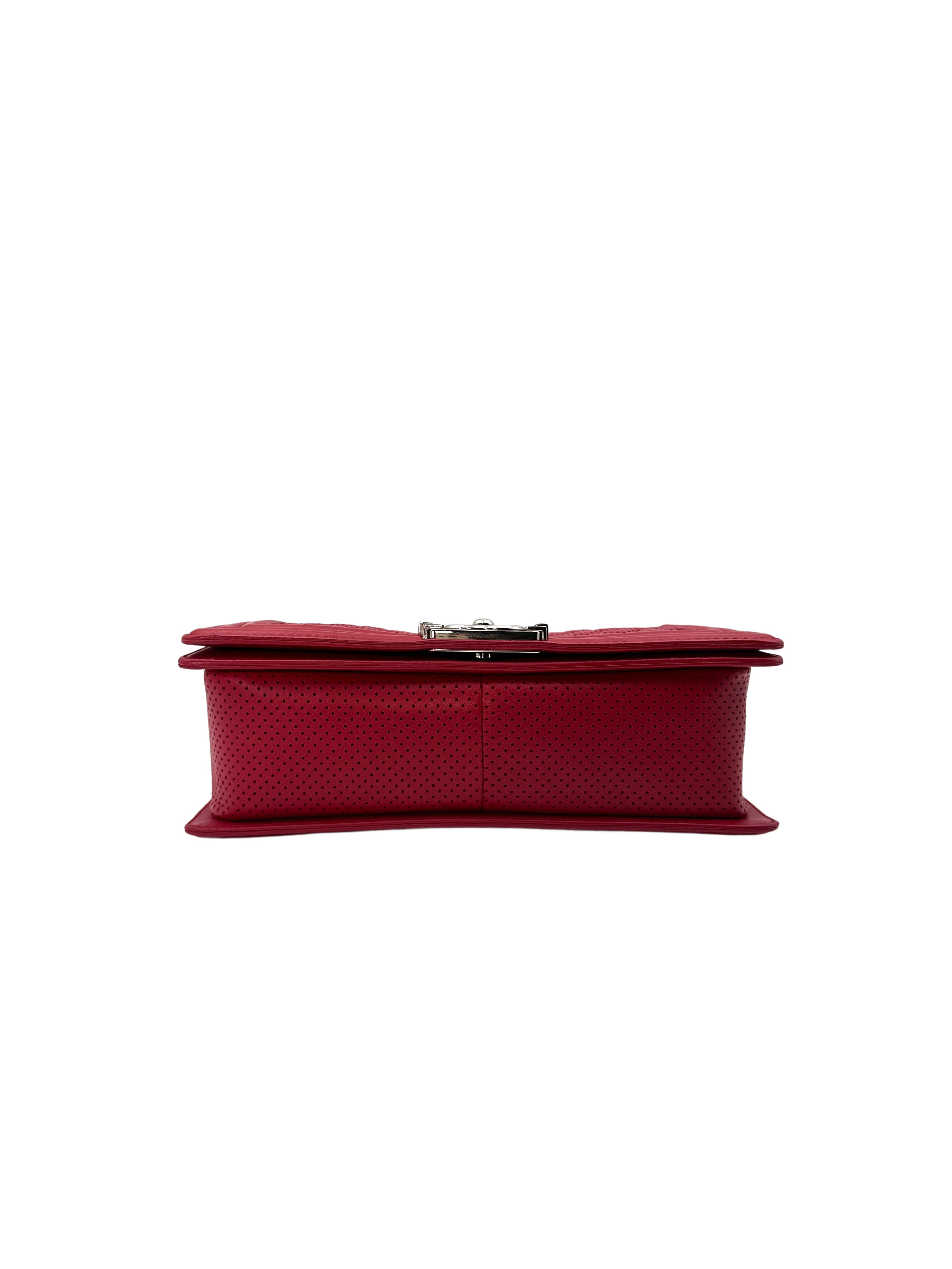 Chanel LeBoy Red Quilted Perforated Leather Medium Size Flap Bag With Silver Buckle(19***20) CC1405