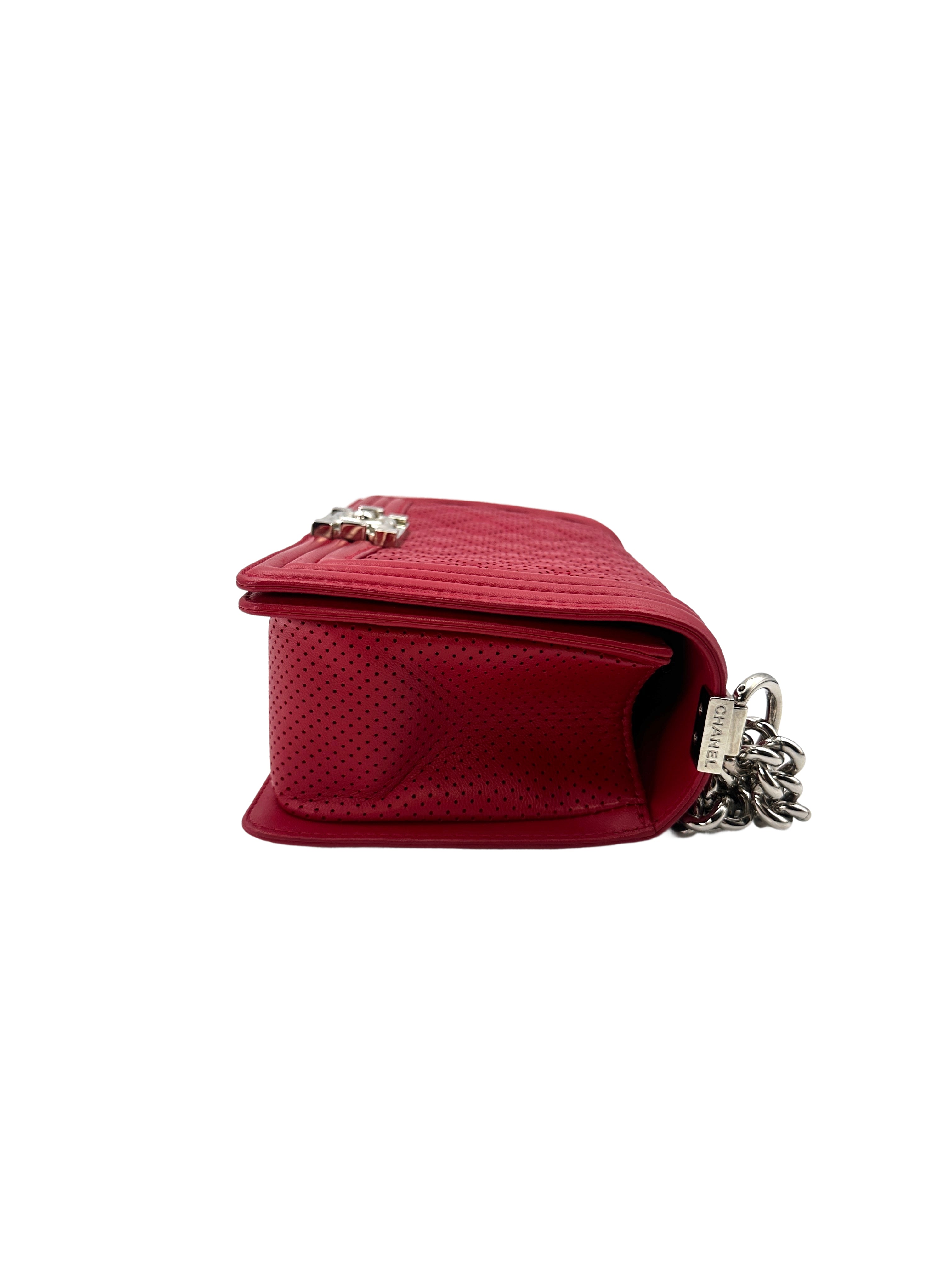 Chanel LeBoy Red Quilted Perforated Leather Medium Size Flap Bag With Silver Buckle(19***20) CC1405