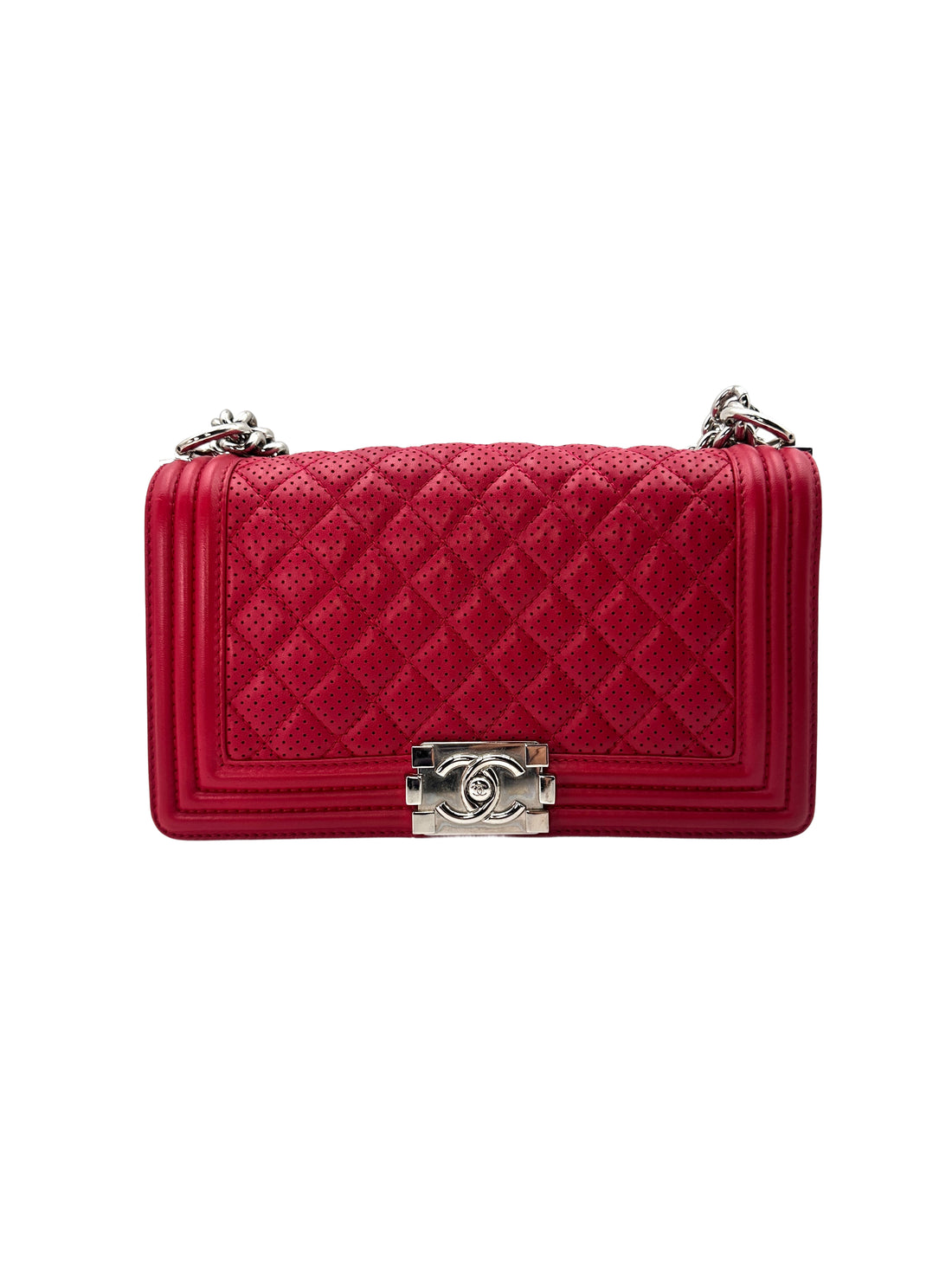 Chanel LeBoy Red Quilted Perforated Leather Medium Size Flap Bag With Silver Buckle(19***20) CC1405
