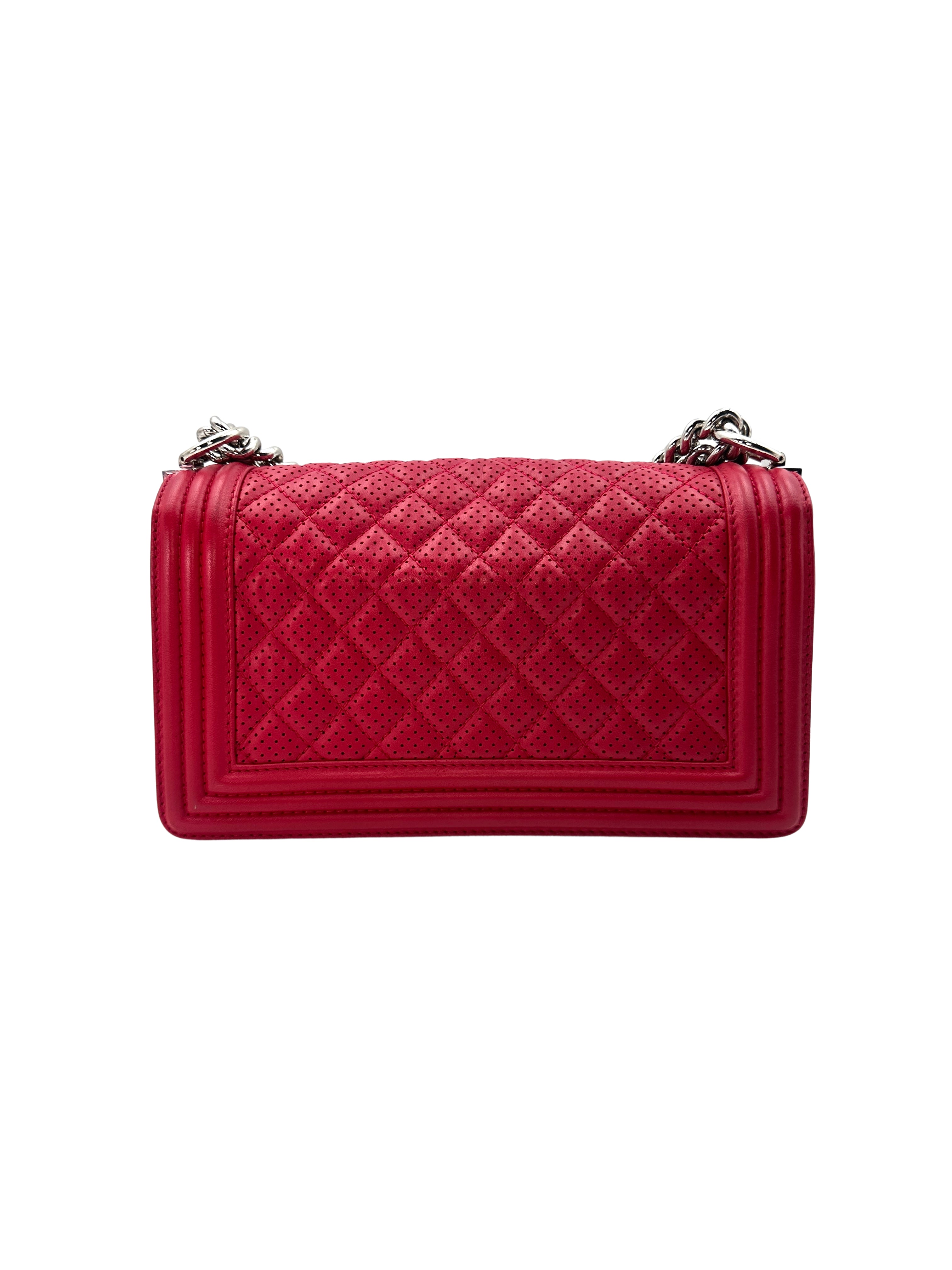 Chanel LeBoy Red Quilted Perforated Leather Medium Size Flap Bag With Silver Buckle(19***20) CC1405