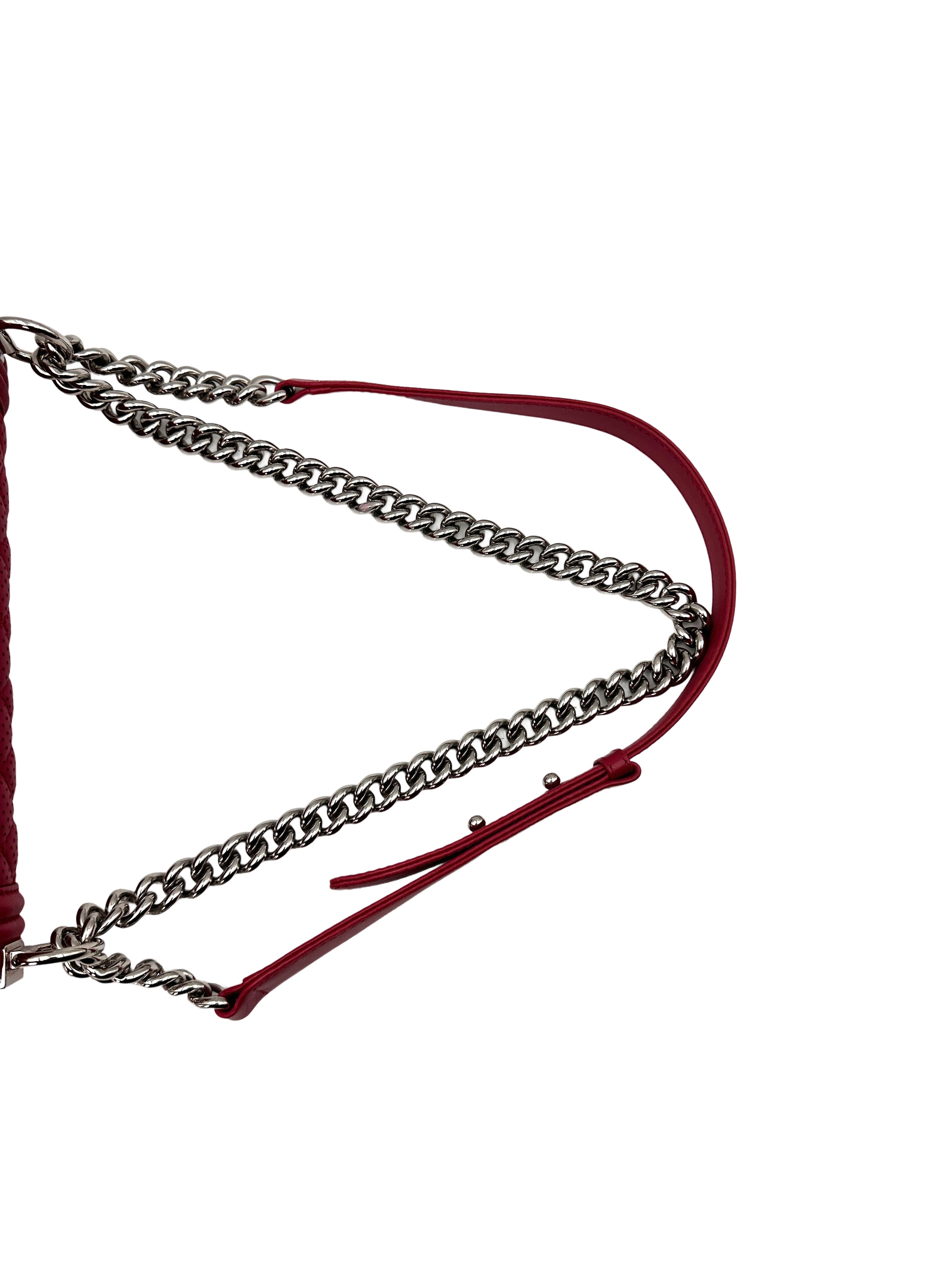 Chanel LeBoy Red Quilted Perforated Leather Medium Size Flap Bag With Silver Buckle(19***20) CC1405