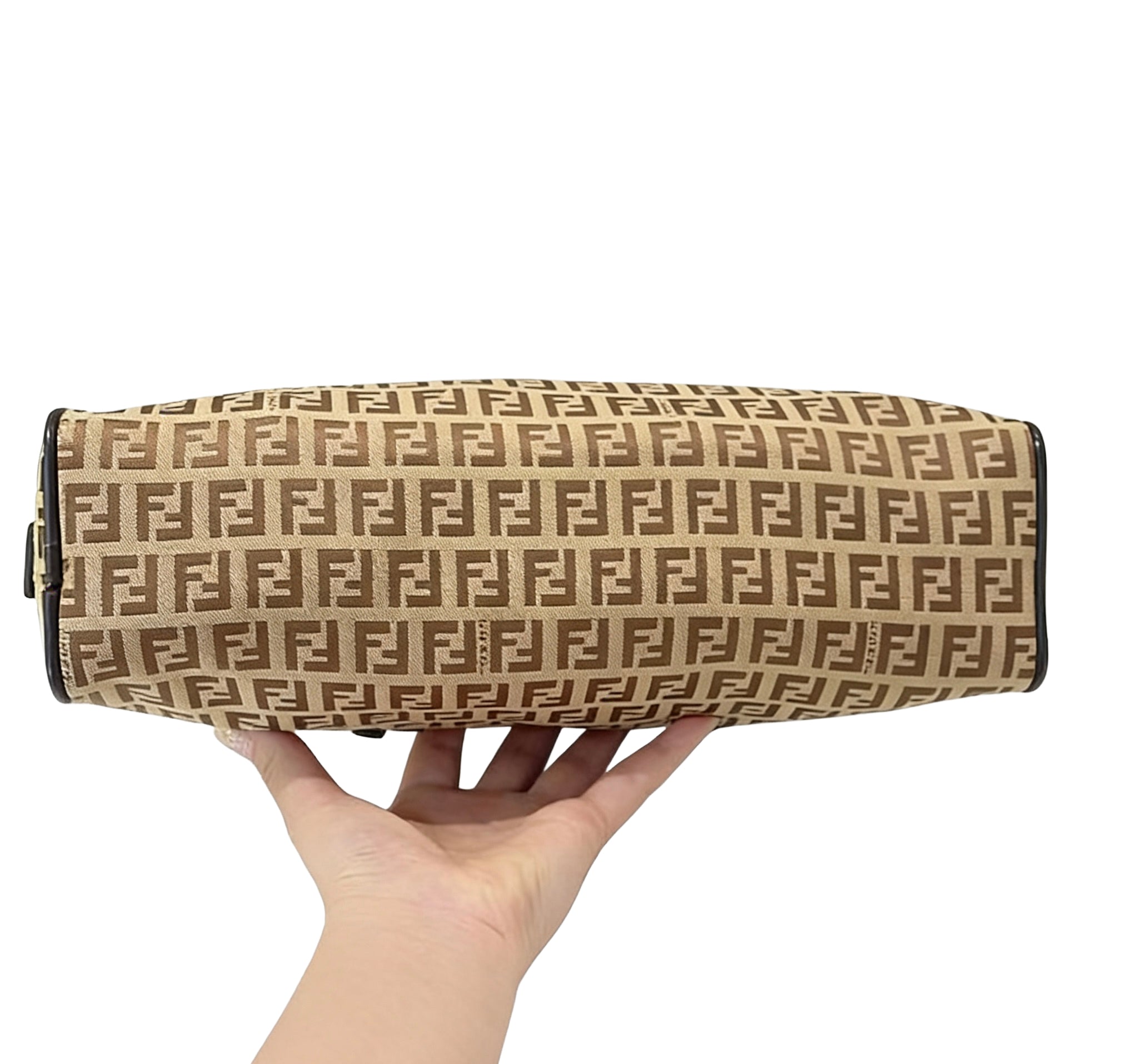 Fendi Zucchino Brwon FF Monogram Handle Bag With Karlito Charm FF83