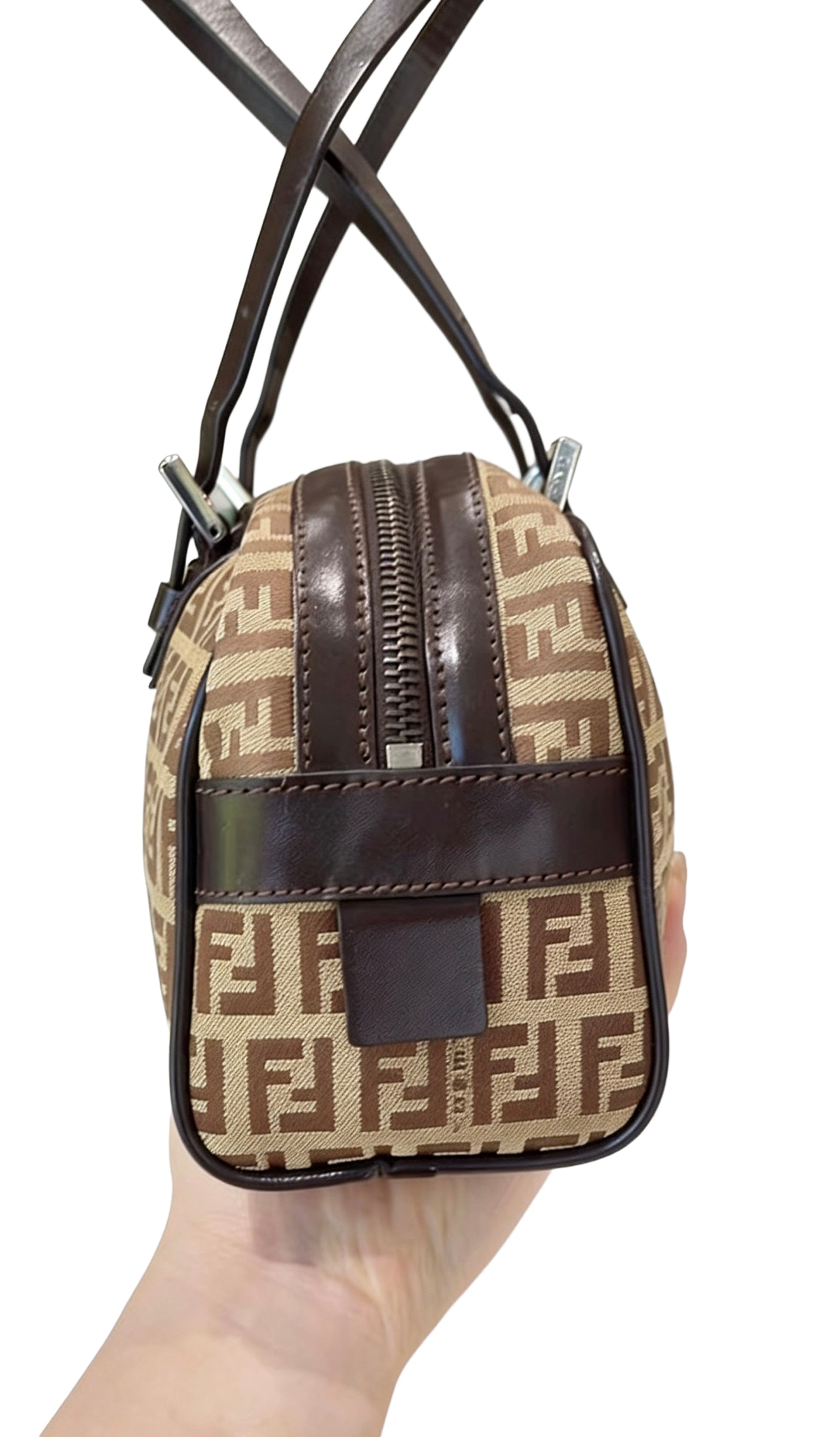 Fendi Zucchino Brwon FF Monogram Handle Bag With Karlito Charm FF83
