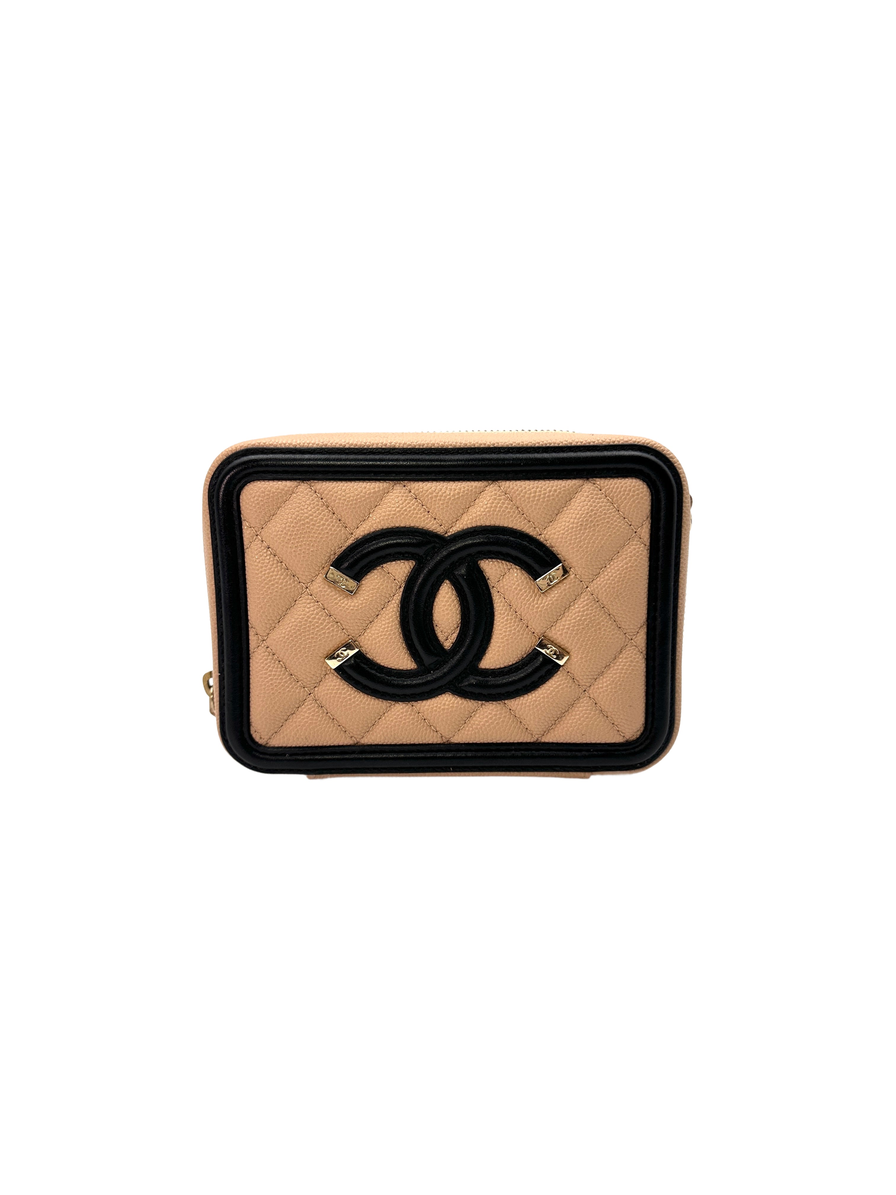 Chanel CC Filigree Beige/Black Quilted Caviar Calfskin Vanity Case(29***15) CC1406