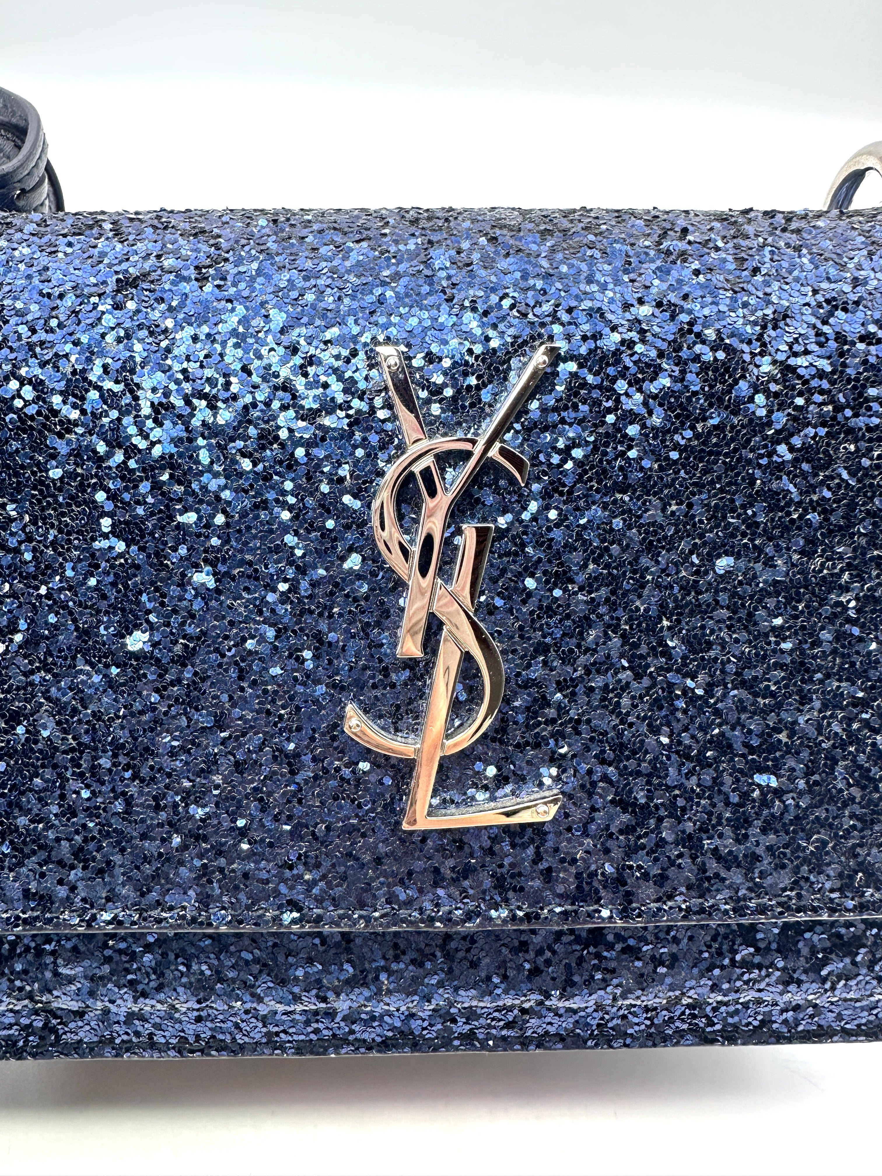 Saint Laurent Sunset Blue Glittered Leather Chain Shoulder Bag SL159