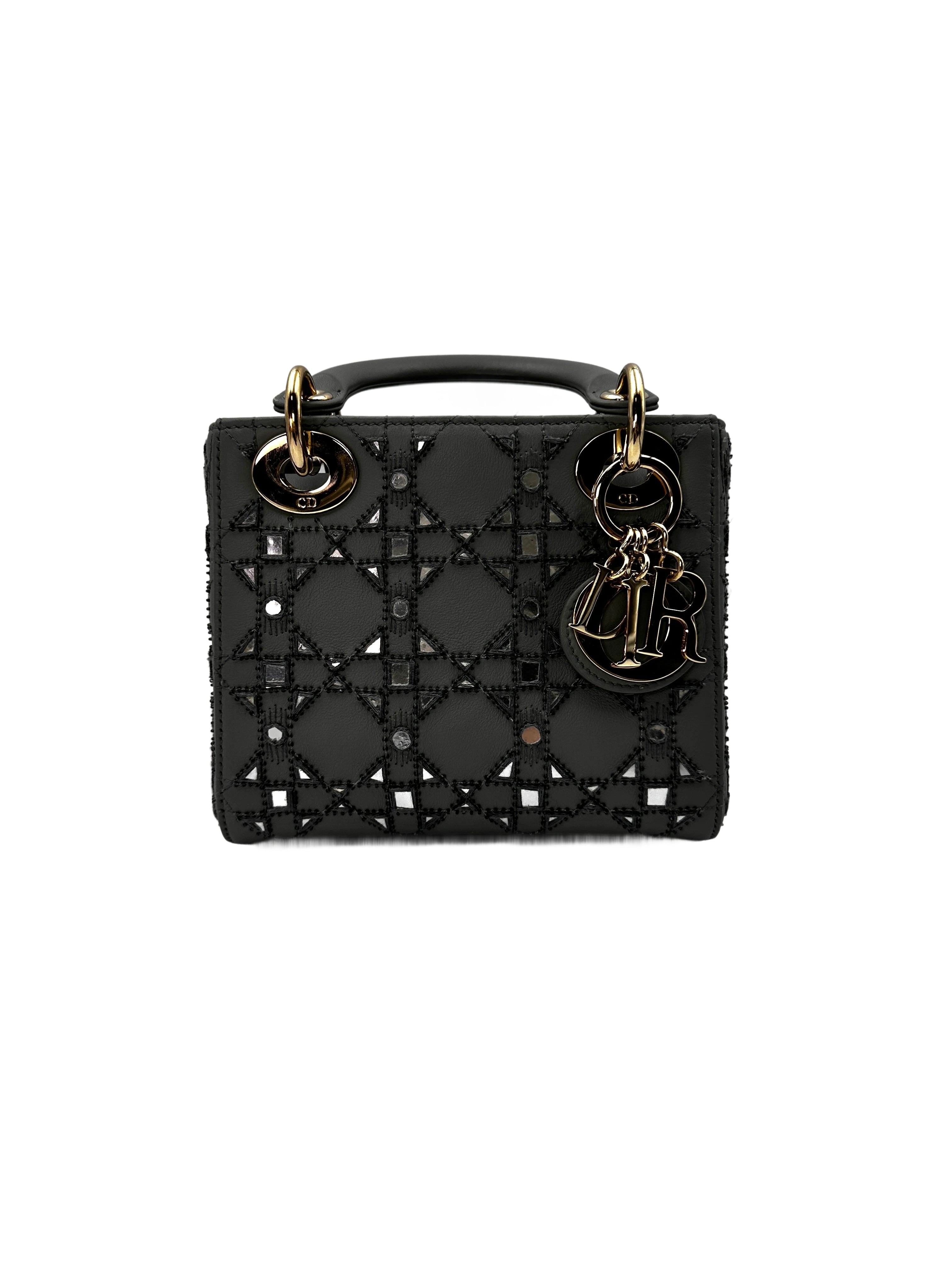Christian Dior Lady Dior Crystal Embellished Gray Cannage Leather Handle Bag With Gold Charms IRIS002