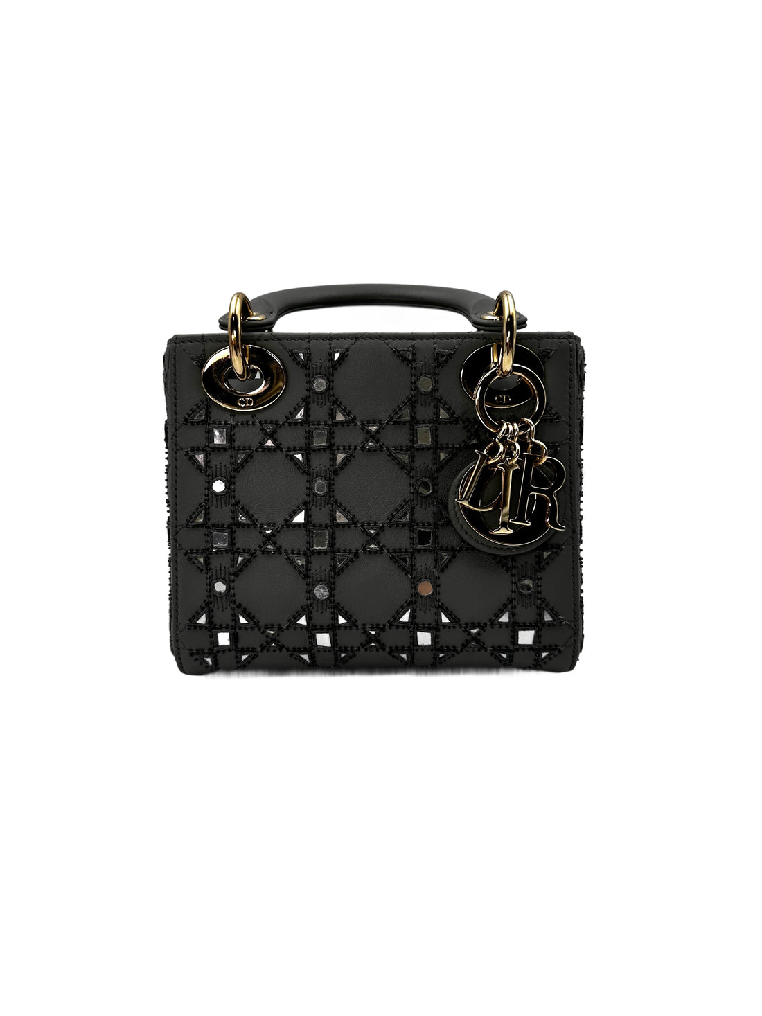 Christian Dior Lady Dior Crystal Embellished Gray Cannage Leather Handle Bag With Gold Charms IRIS002