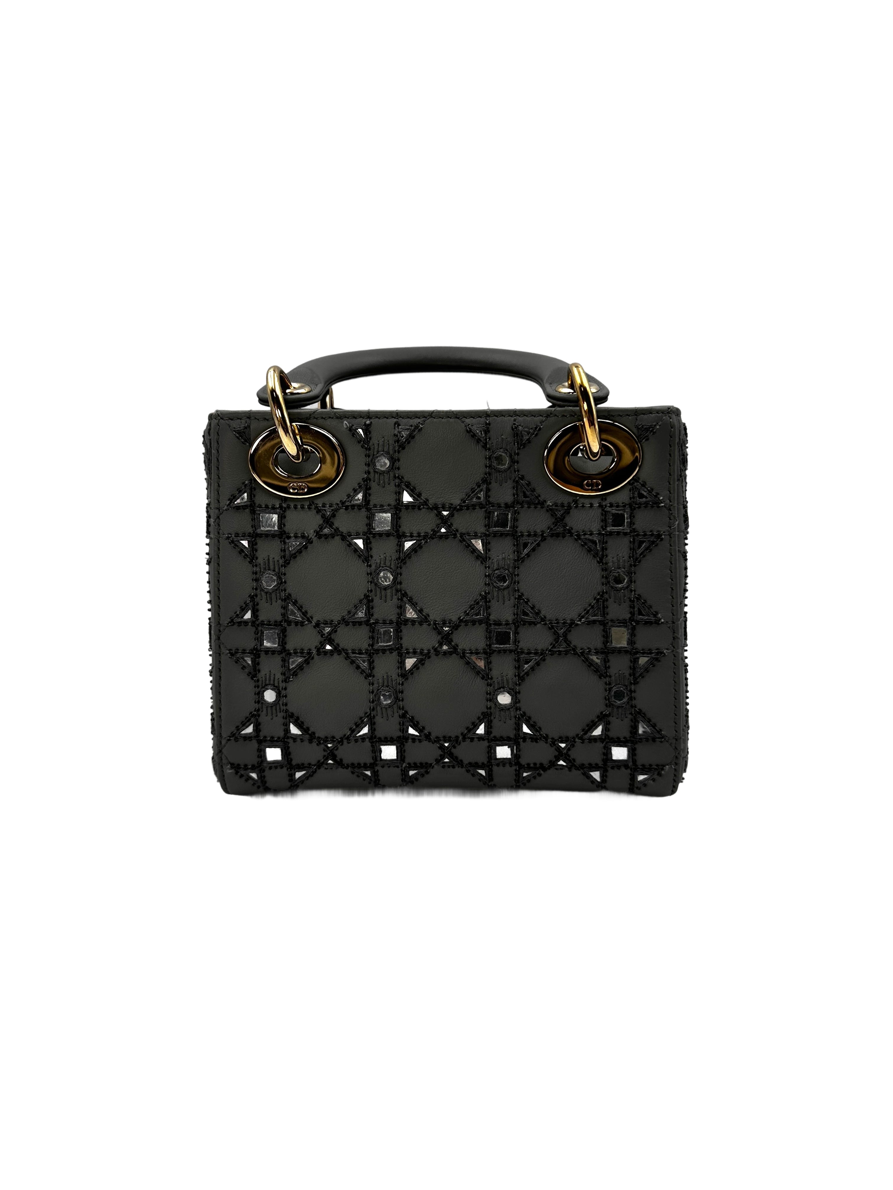 Christian Dior Lady Dior Crystal Embellished Gray Cannage Leather Handle Bag With Gold Charms IRIS002