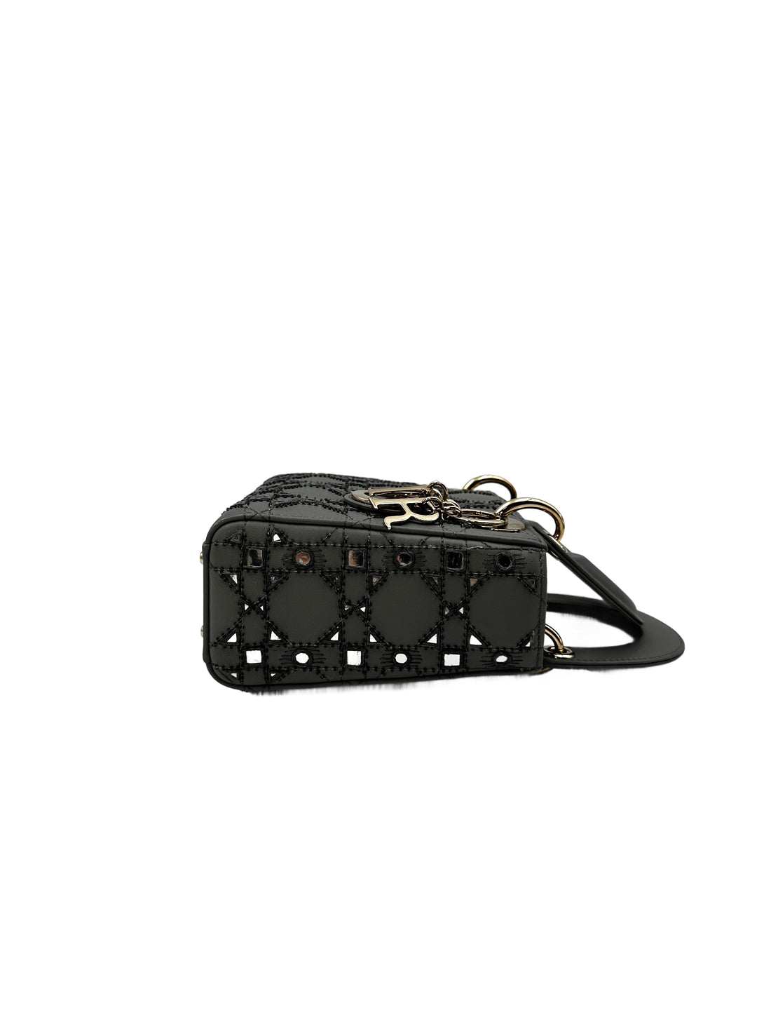 Christian Dior Lady Dior Crystal Embellished Gray Cannage Leather Handle Bag With Gold Charms IRIS002