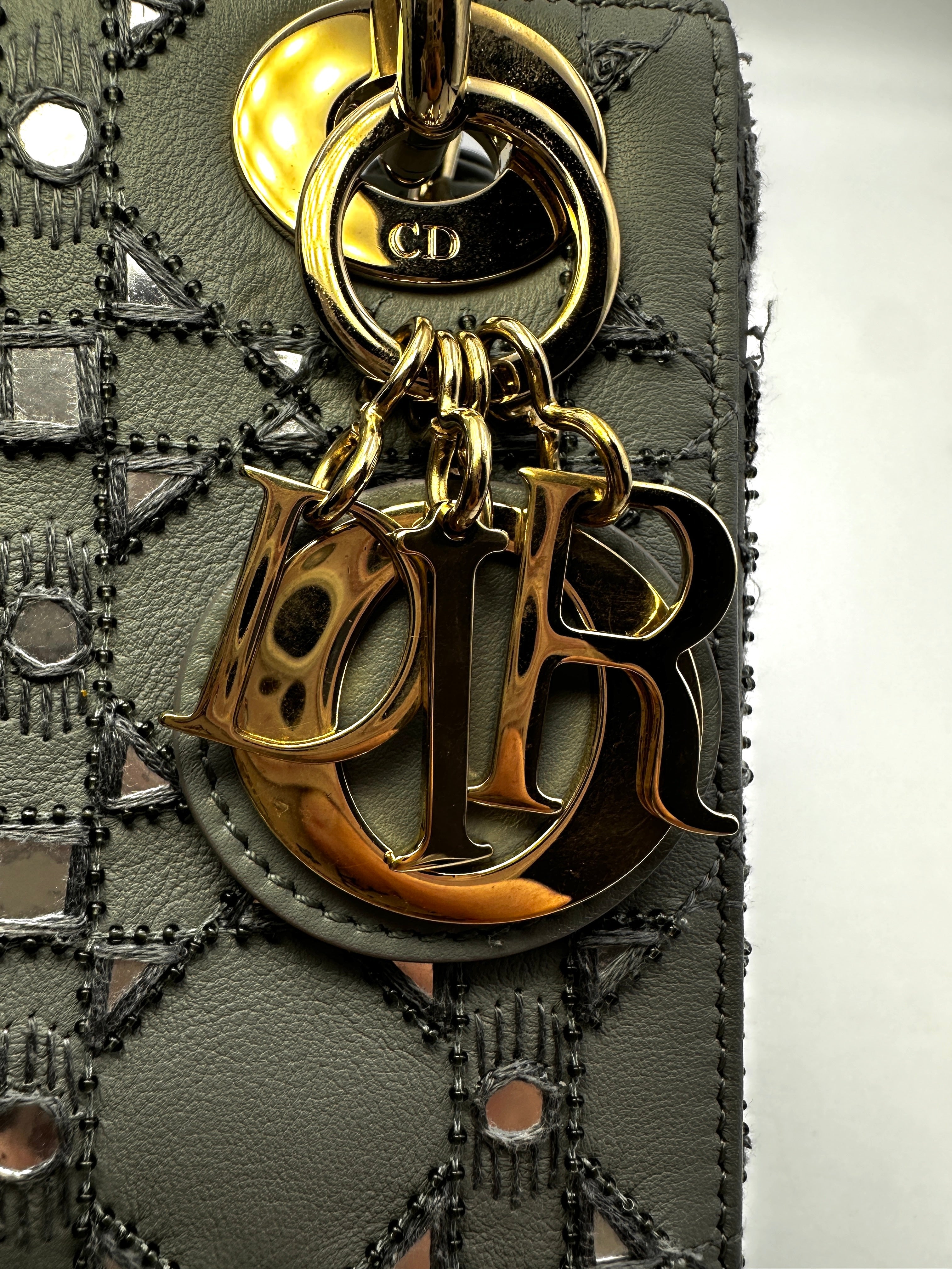 Christian Dior Lady Dior Crystal Embellished Gray Cannage Leather Handle Bag With Gold Charms IRIS002