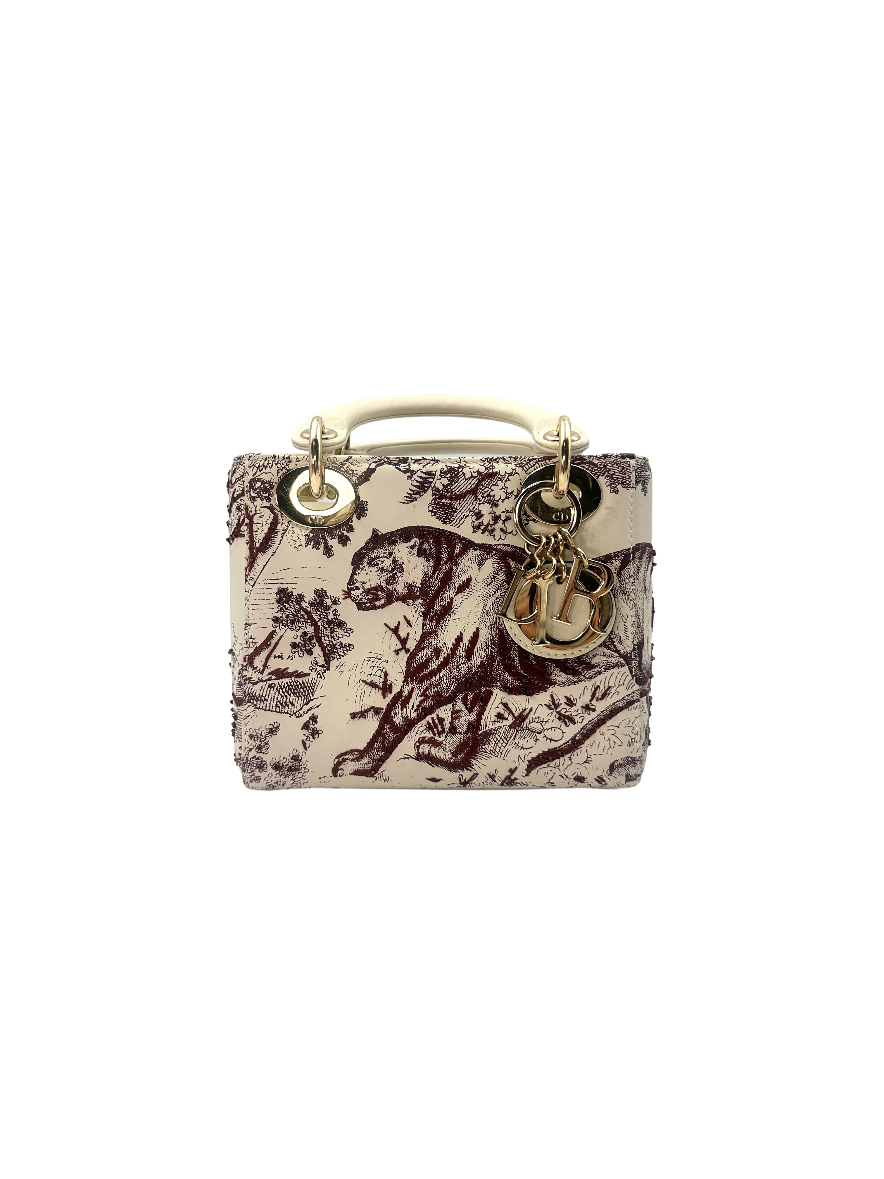 Christian Dior Lady Dior Red Toile de Jouy Sauvage Handle Bag With Gold Charms DR491