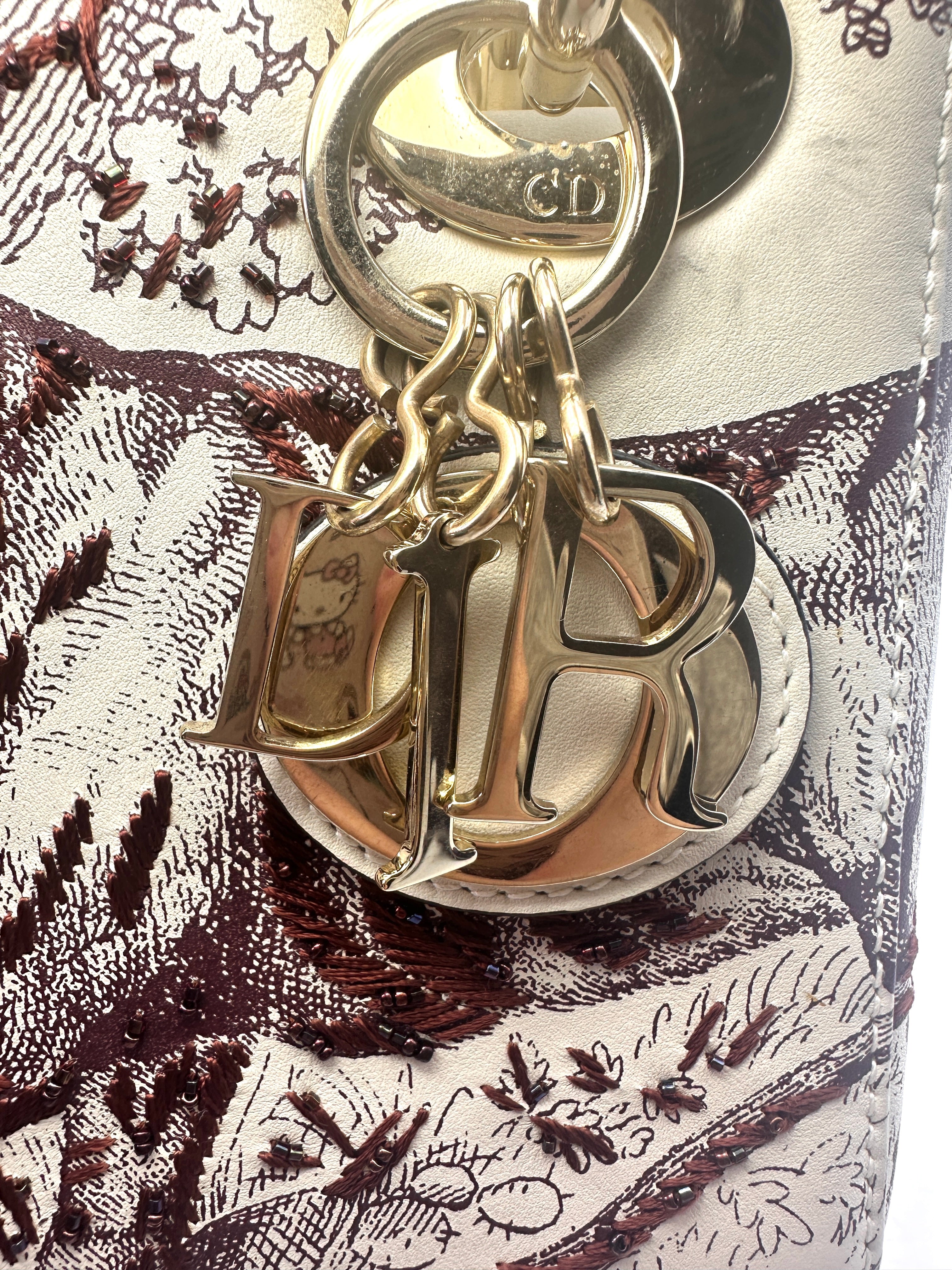 Christian Dior Lady Dior Red Toile de Jouy Sauvage Handle Bag With Gold Charms DR491