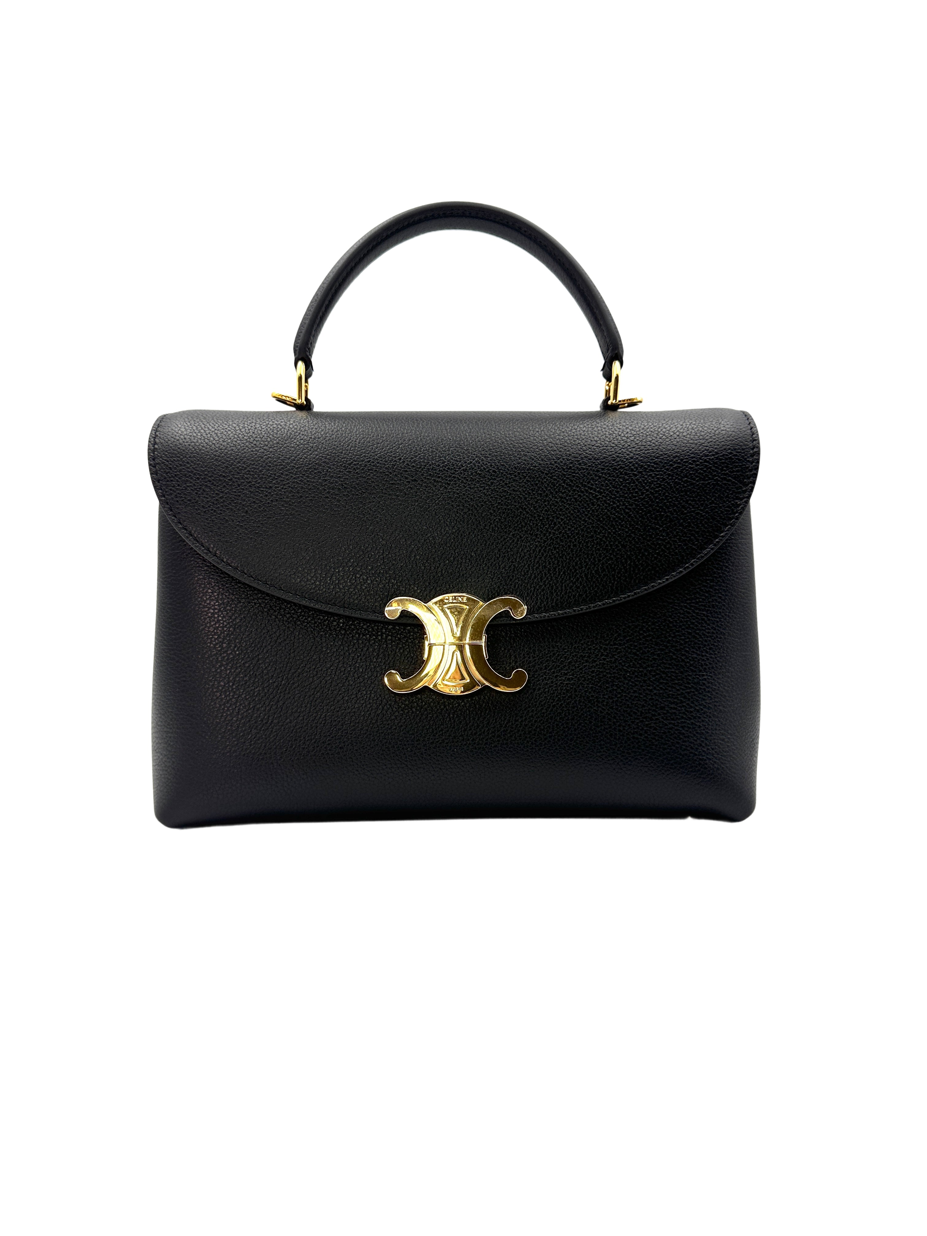 Celine Nino Black Leather Handle Bag With Gold Triomphe Hardware CE133
