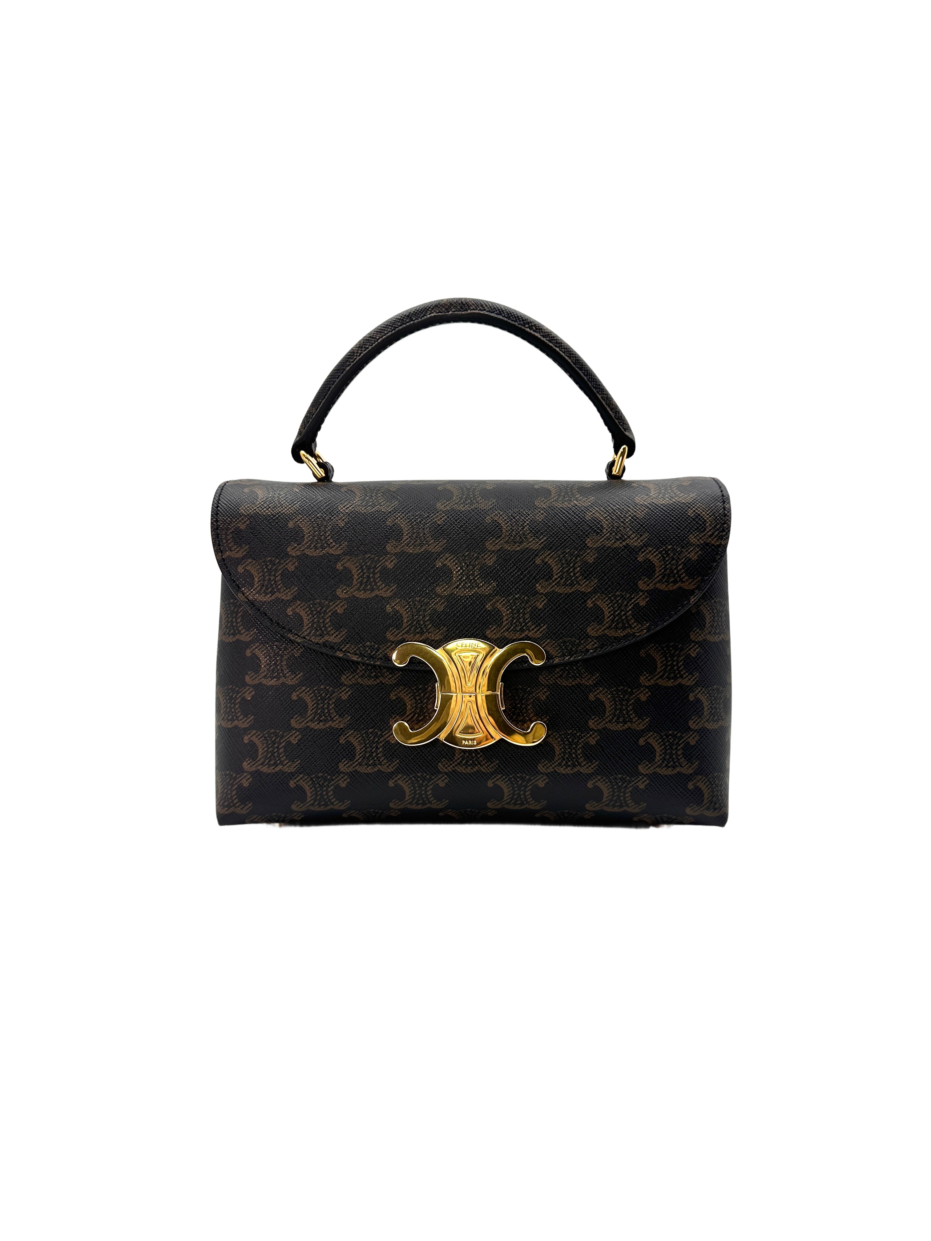 Celine Nino Brown Triomphe Canvas Handle Bag With Gold Triomphe Hardware CE134