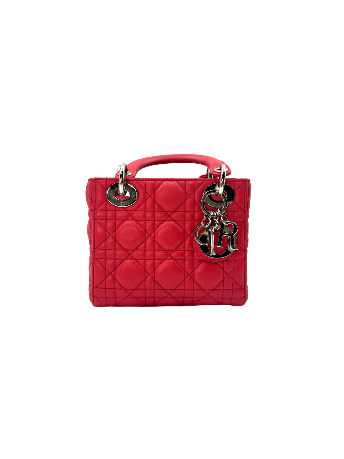 Christian Dior Lady Dior Red Cannage Leather Handle Bag With Silver Charms DR494