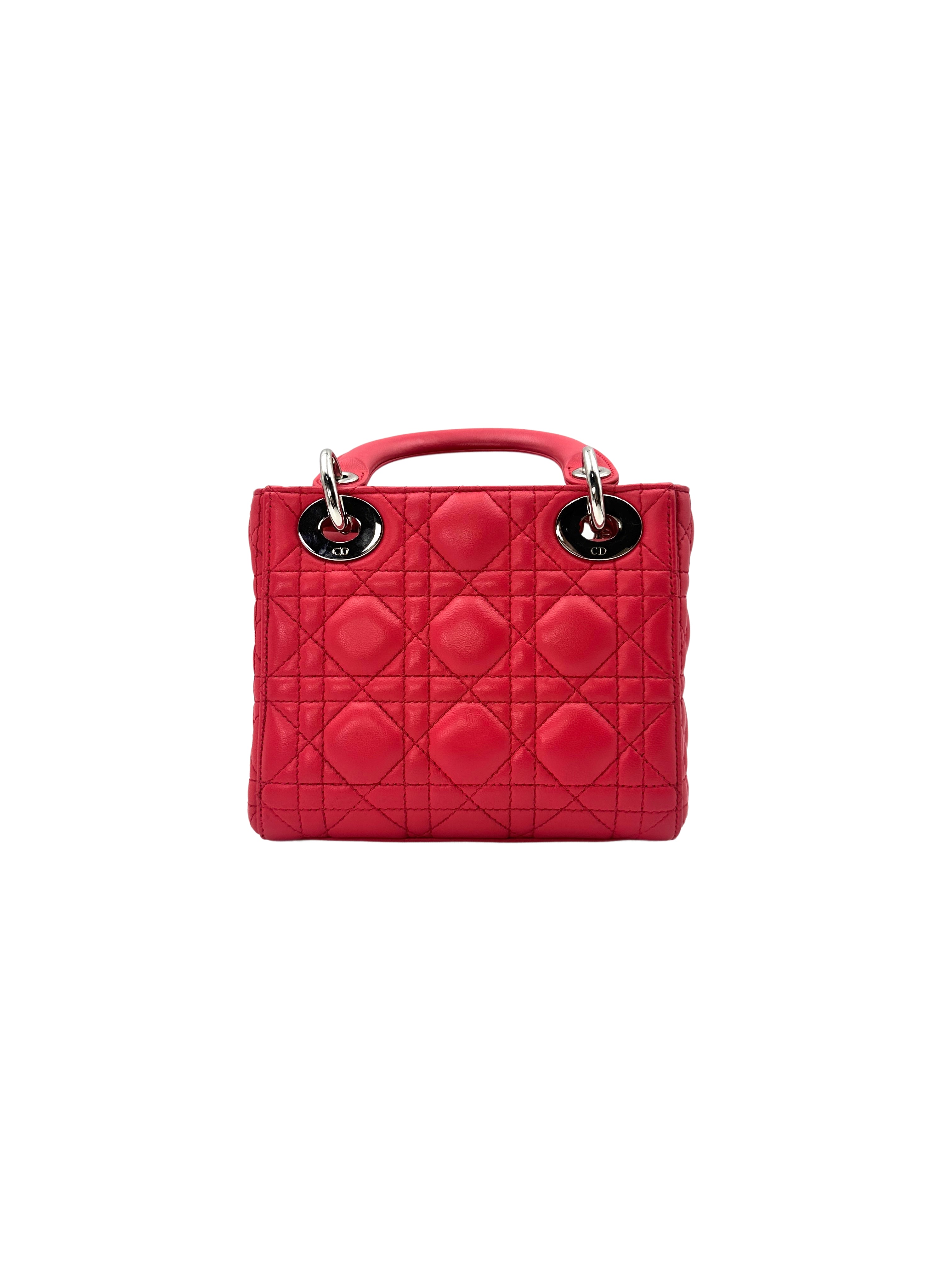 Christian Dior Lady Dior Red Cannage Leather Handle Bag With Silver Charms DR494