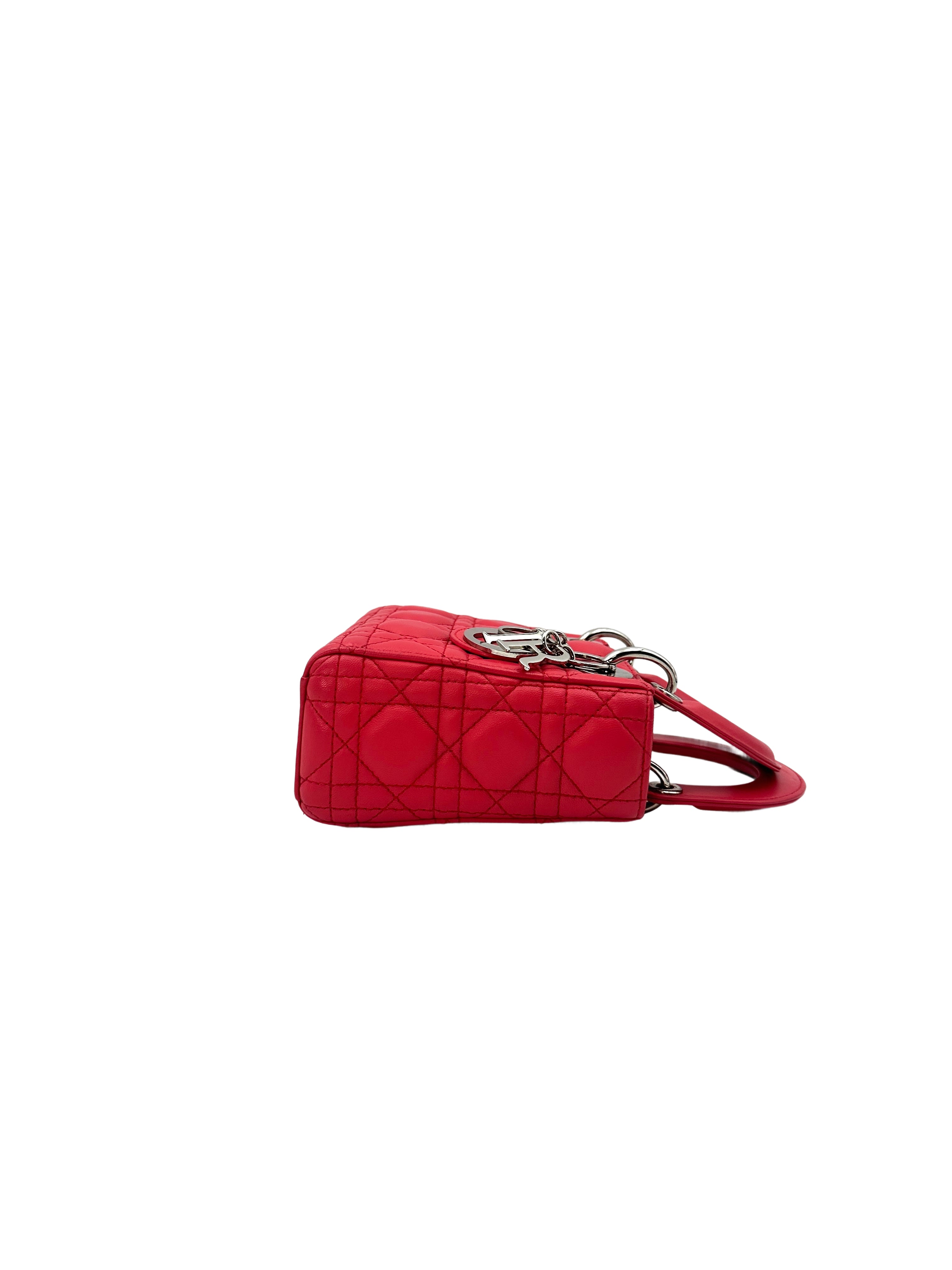 Christian Dior Lady Dior Red Cannage Leather Handle Bag With Silver Charms DR494