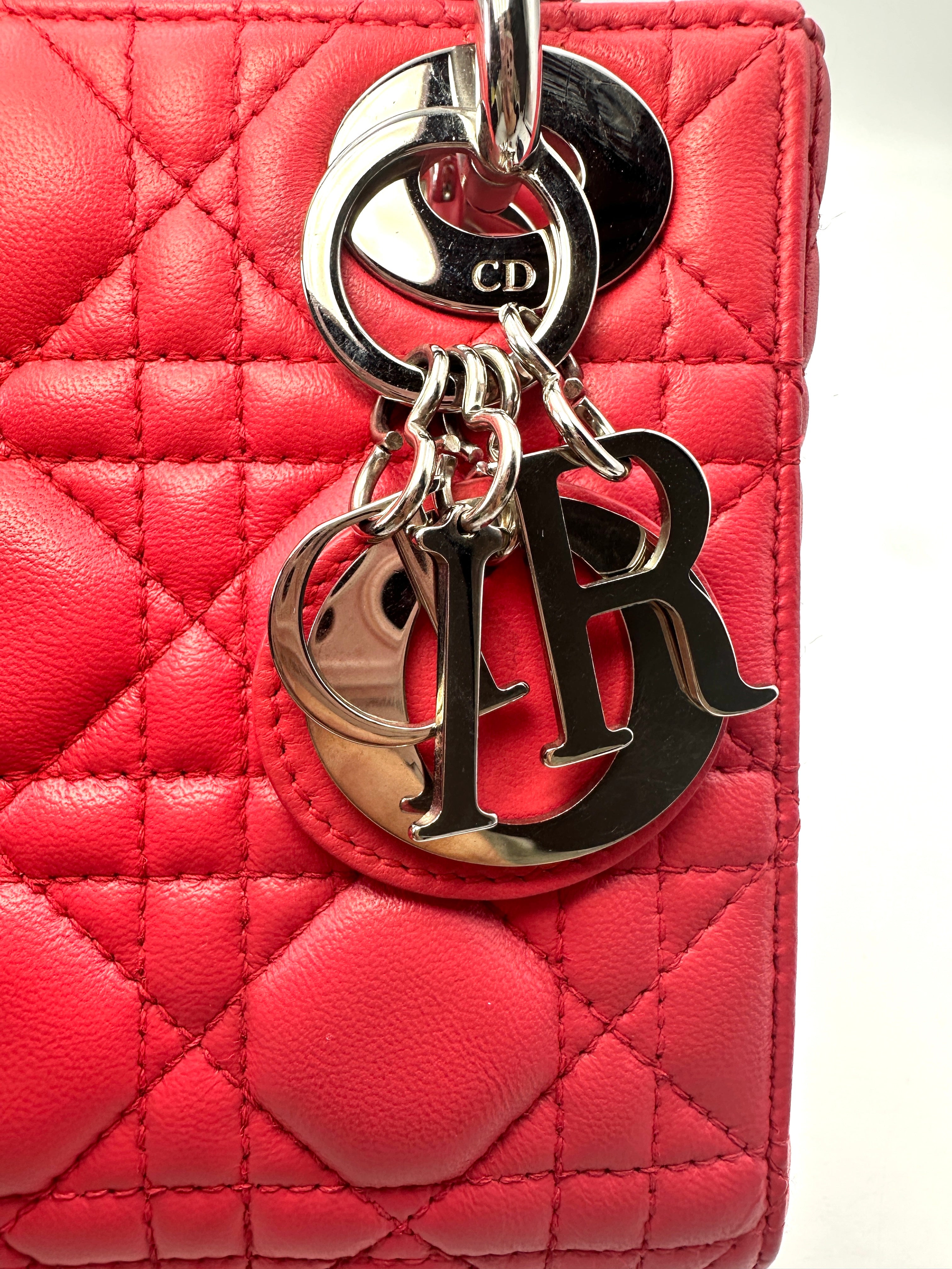 Christian Dior Lady Dior Red Cannage Leather Handle Bag With Silver Charms DR494