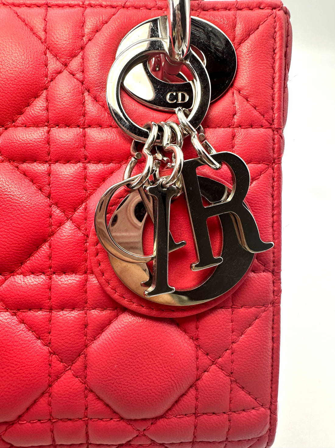 Christian Dior Lady Dior Red Cannage Leather Handle Bag With Silver Charms DR494