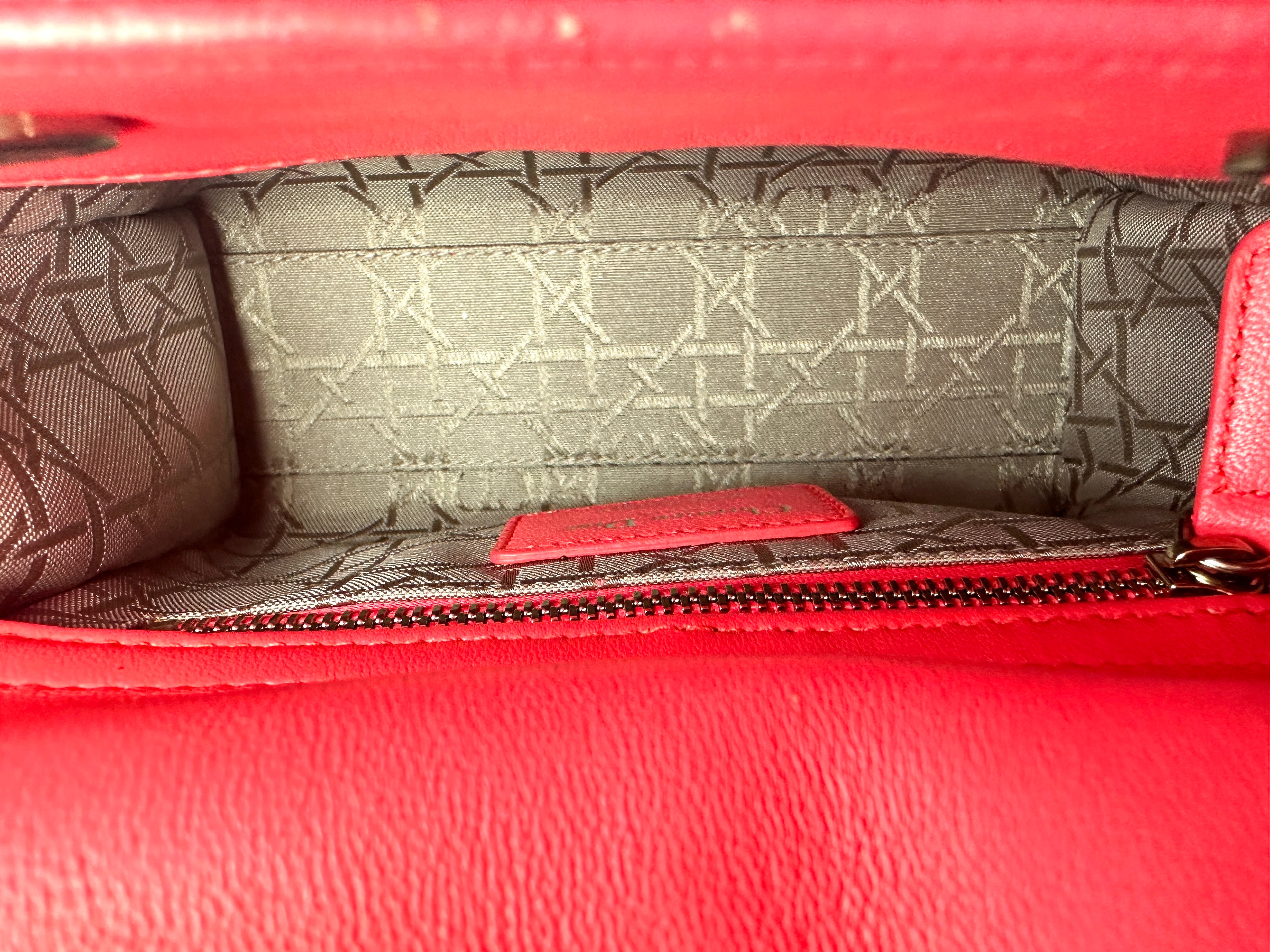 Christian Dior Lady Dior Red Cannage Leather Handle Bag With Silver Charms DR494