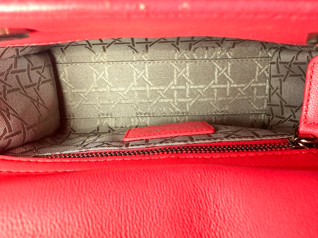 Christian Dior Lady Dior Red Cannage Leather Handle Bag With Silver Charms DR494