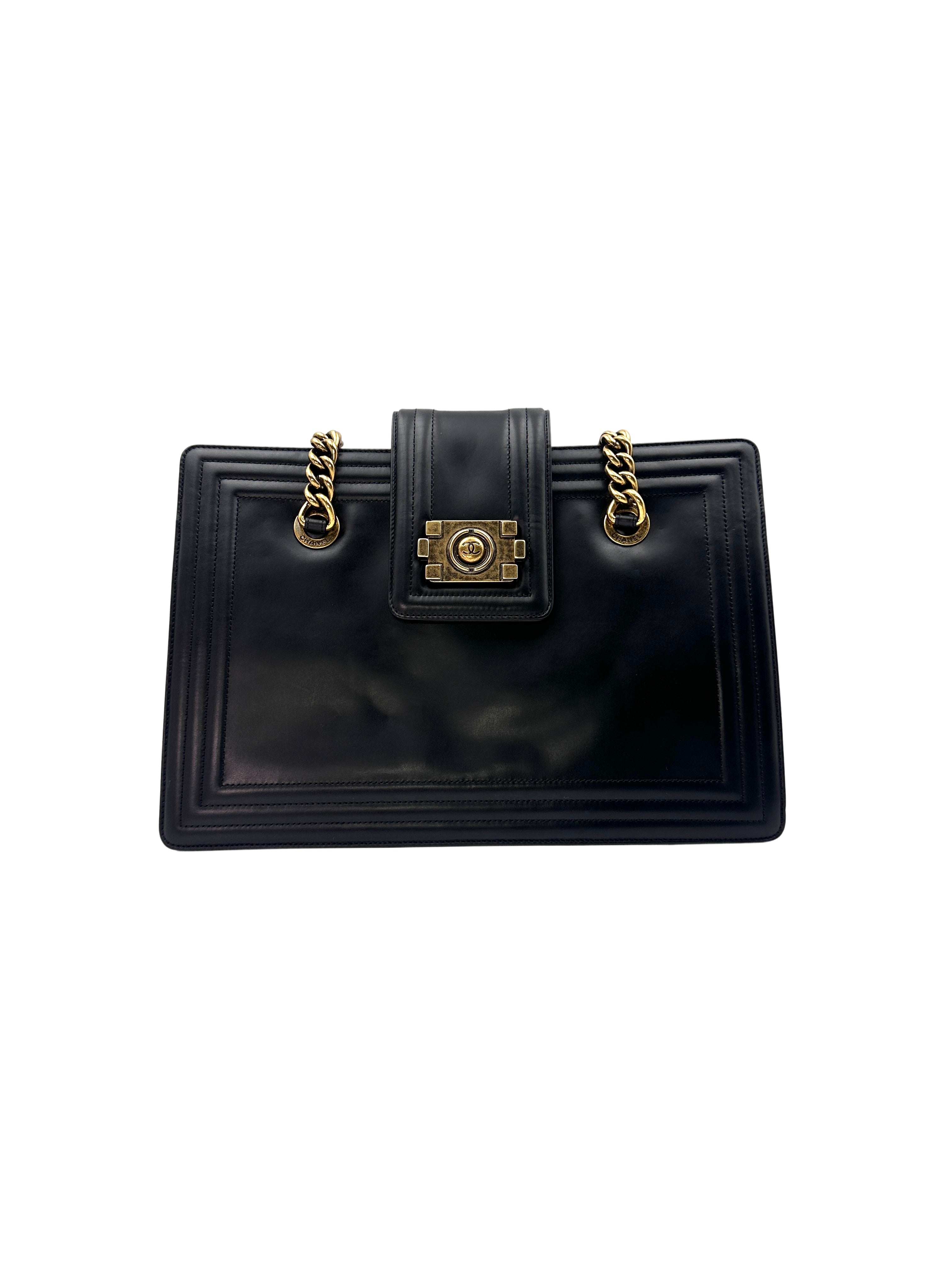 Chanel LeBoy Black Calfskin Tote Chain Bag With Gold Hardware(15***25) CC1414